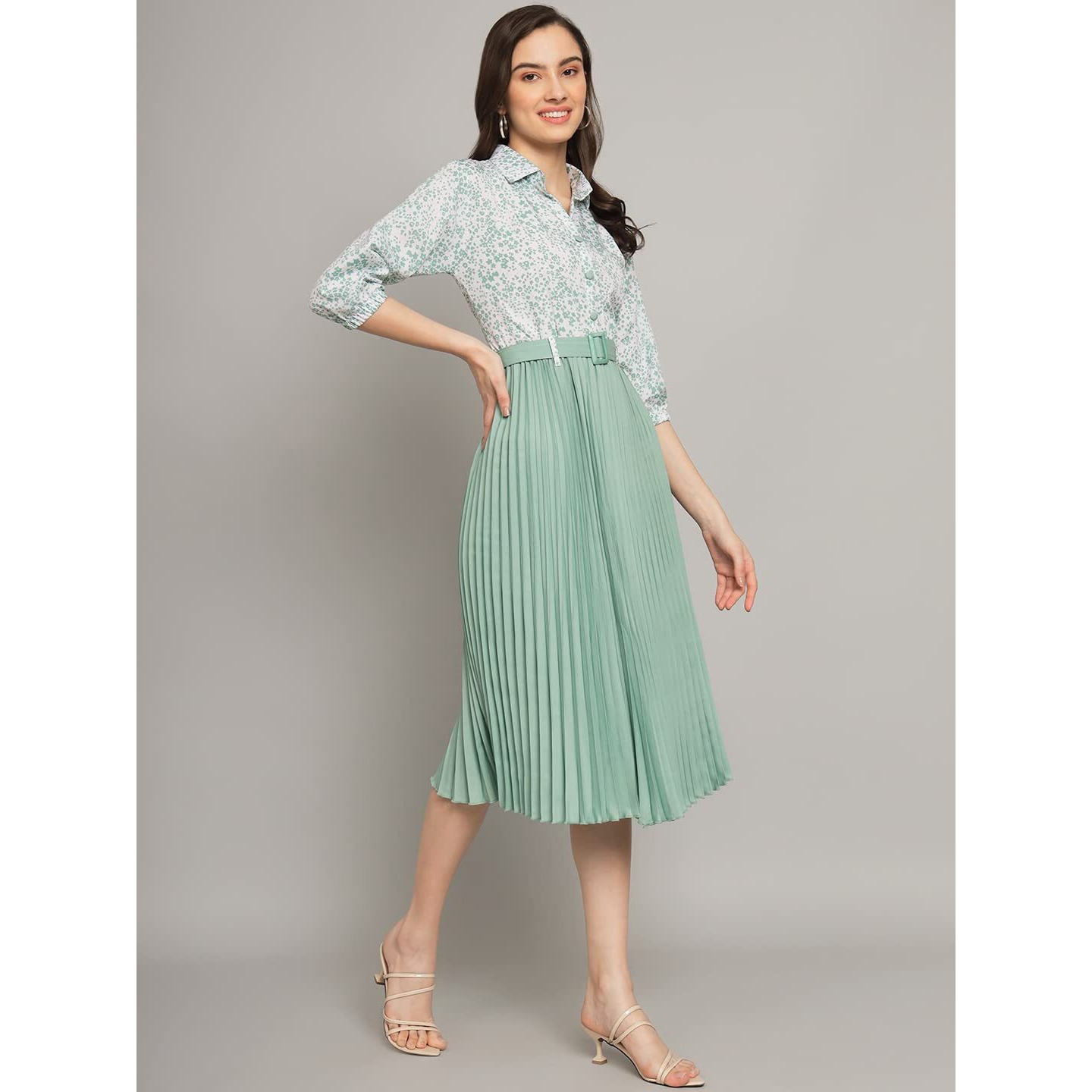 Kzully | Elegant A-Line Dress Collared V-Neck Top, Pleated Skirt With Elastic Waist, Includes Belt Pista