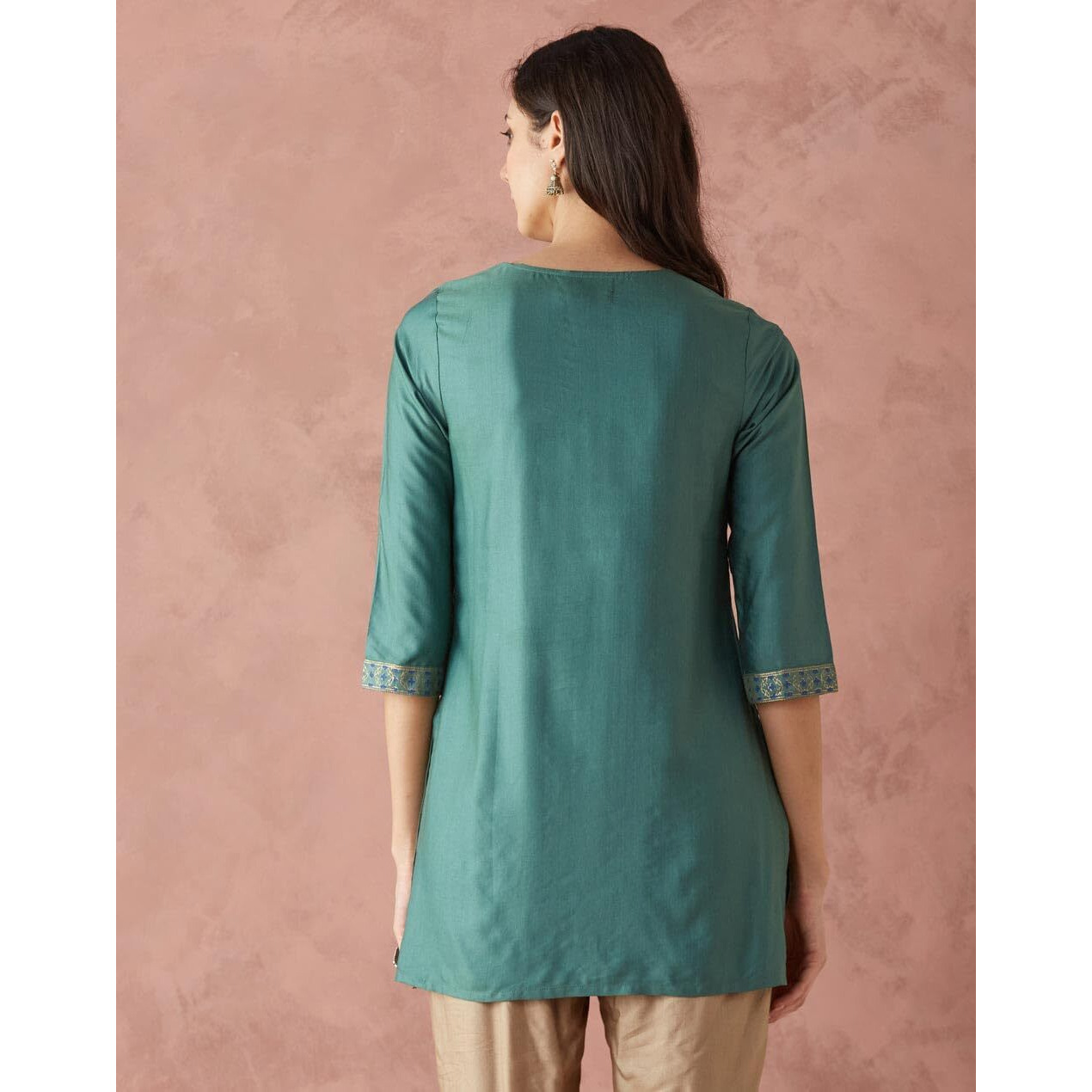 Fabindia Women's Viscose Silk Solid Slim Fit Kurta (1038239Turquoise_Turquoise