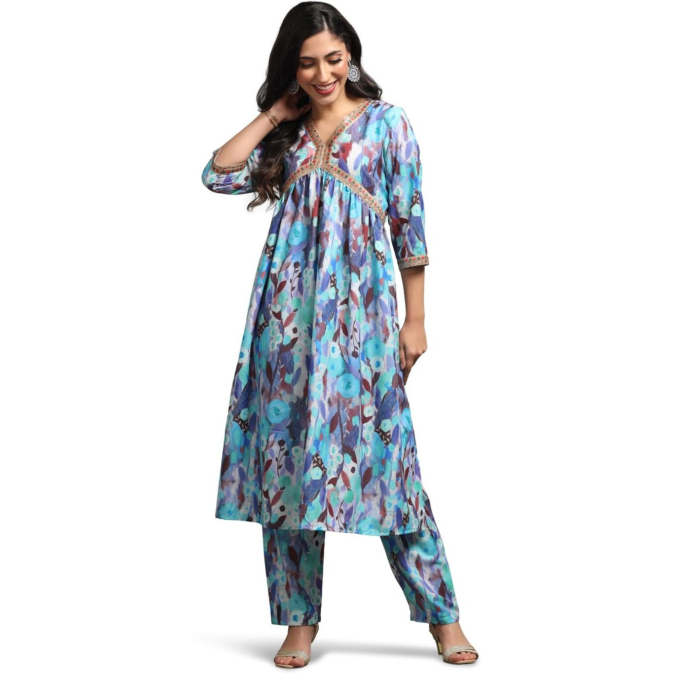 Leriya Fashion Cotton Blend Alia Cut Kurta Set For Women| Alia Cut Anarkali Set | Embroidery Kurta Set For Women| Kurta With Pant Set For Women. (Xxx-Large, Blue)