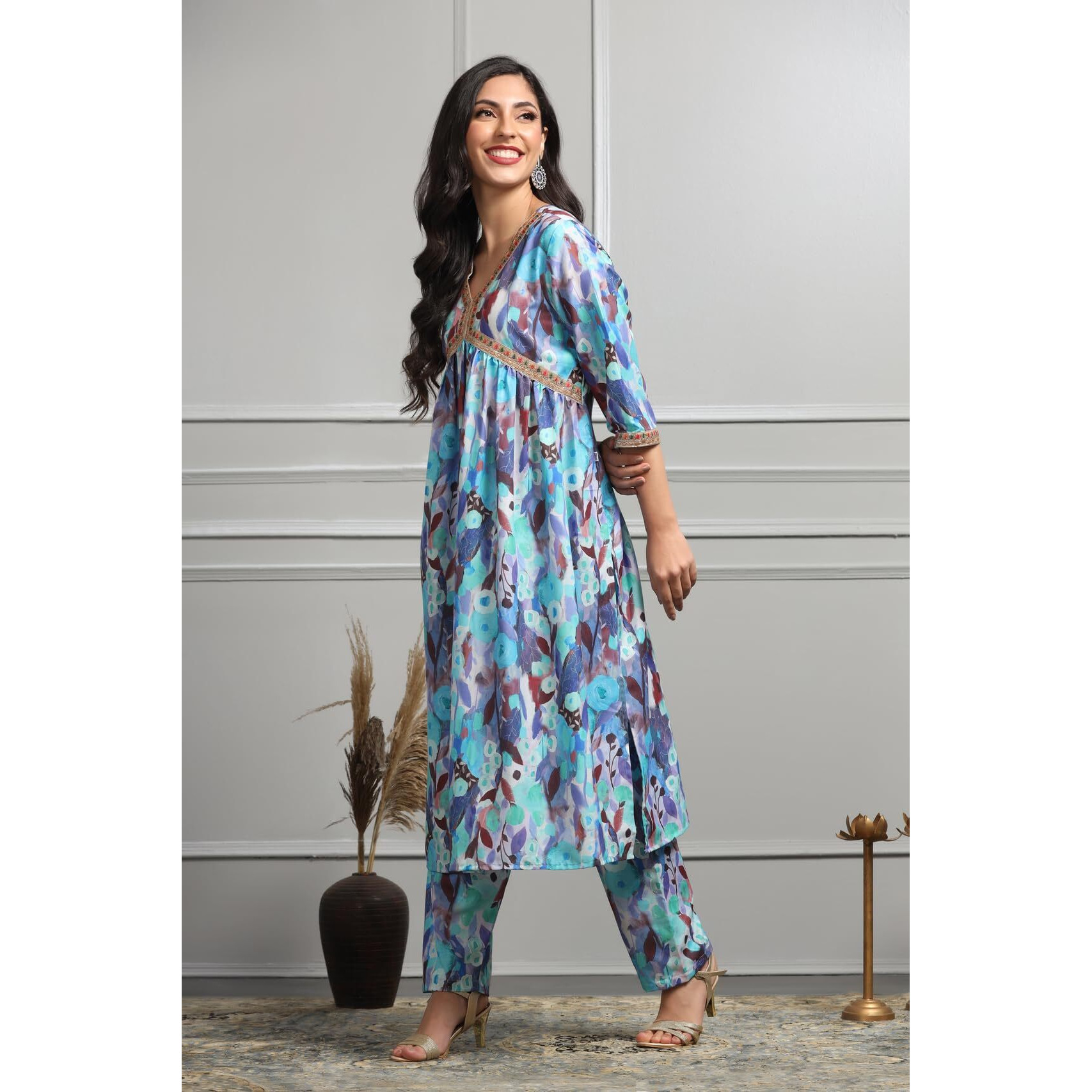 Leriya Fashion Cotton Blend Alia Cut Kurta Set For Women| Alia Cut Anarkali Set | Embroidery Kurta Set For Women| Kurta With Pant Set For Women. (Xxx-Large, Blue)