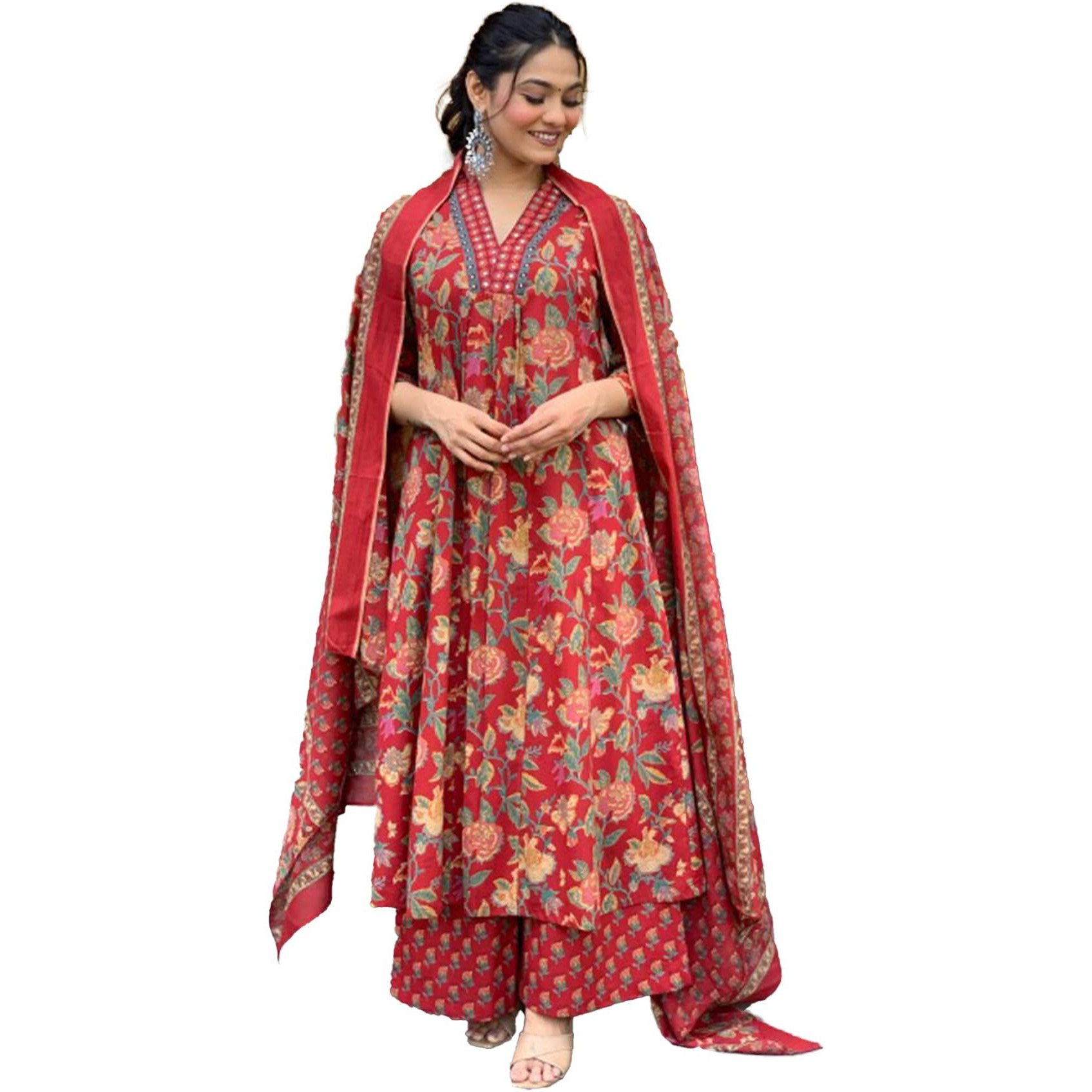 Lookmark Women's Cotton Blend Floral Printed Kurta Plazzo Set With Dupatta Suitable For Every Indian Occasion (Az-Lm-Og-Ks2171 Red-S)