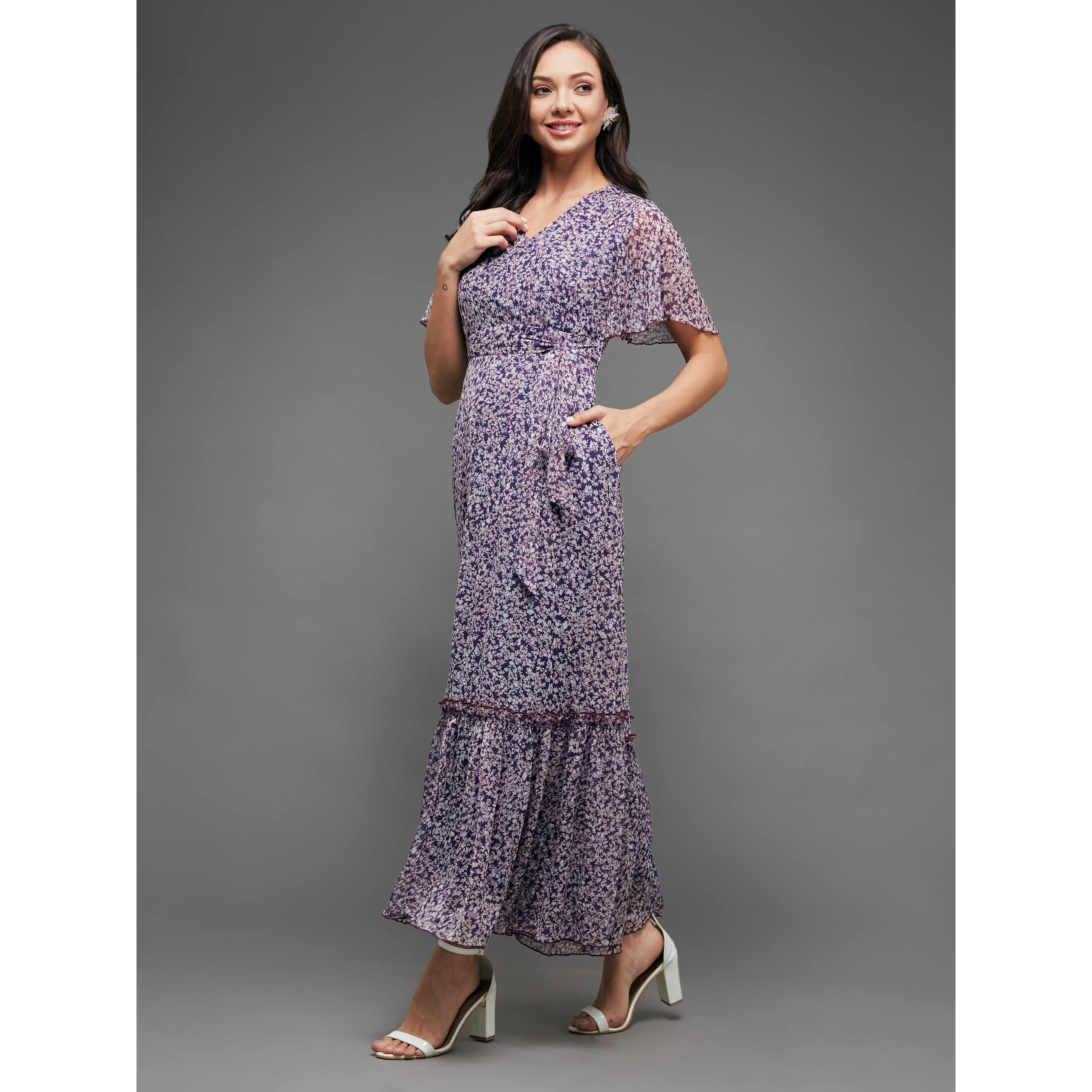 Miss Chase Women's V-Neck Flared Sleeve Floral Wrap Chiffon Maxi Dress (Mcaw21D06-14-190-05, Multicolored-Base-Purple, L)