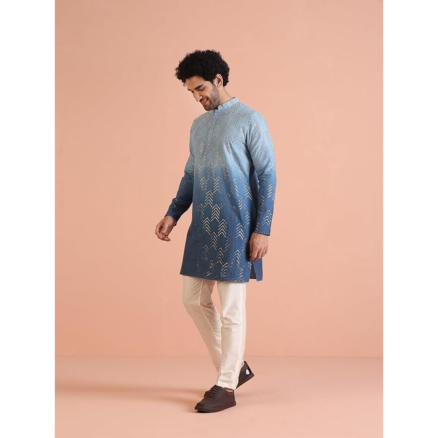 Kisah Men Kurta, Cotton, Full Sleaves, Knee Length, Straight, Regular Fit, Mandarin Collar Ethnic Wear Azure-40