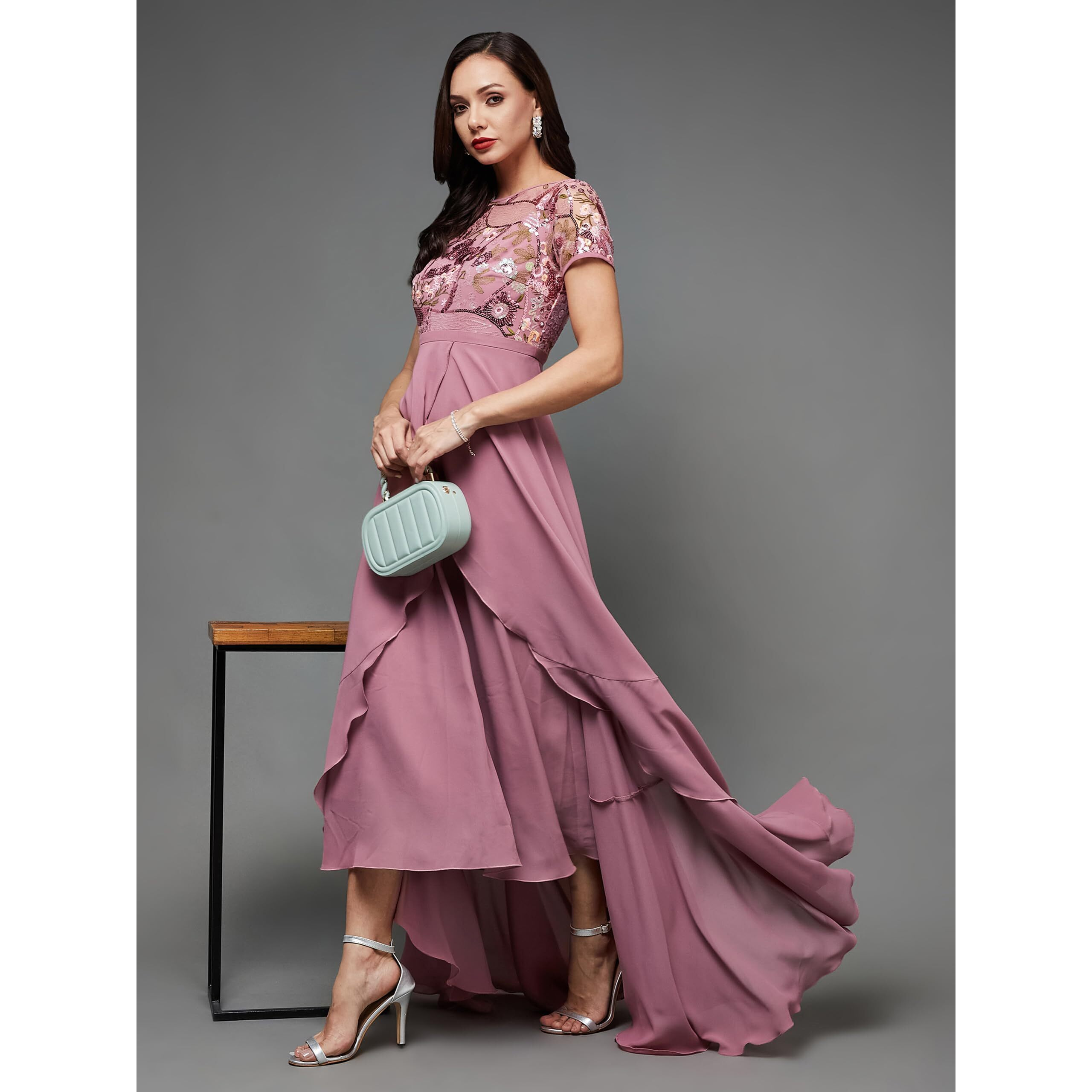 Miss Chase Women's Round Neck Short Sleeve Floral Layered Georgette Midi Dress (Mcss23D13-78-309-03, Multicolored-Base-Dusty Lavender, S)