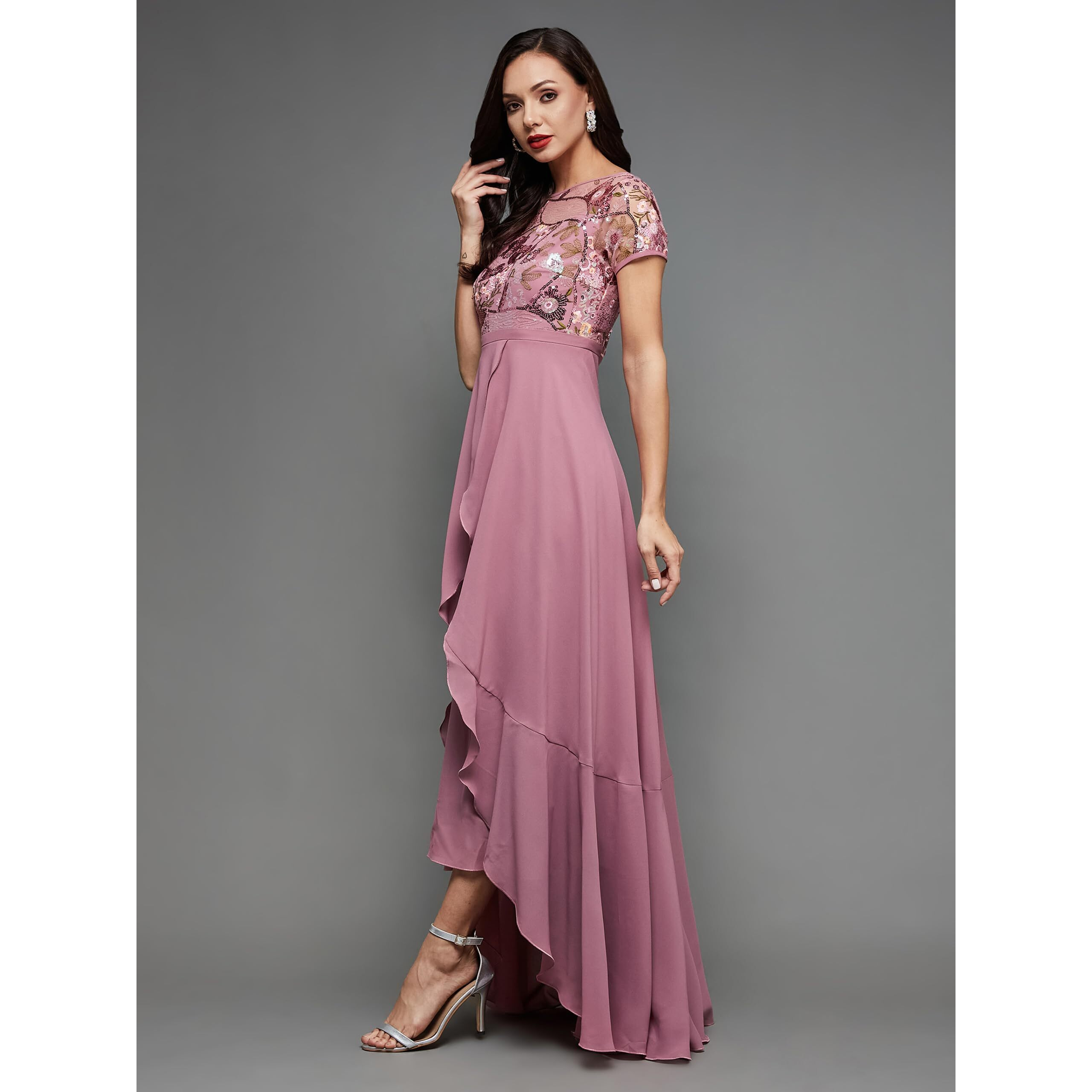 Miss Chase Women's Round Neck Short Sleeve Floral Layered Georgette Midi Dress (Mcss23D13-78-309-03, Multicolored-Base-Dusty Lavender, S)