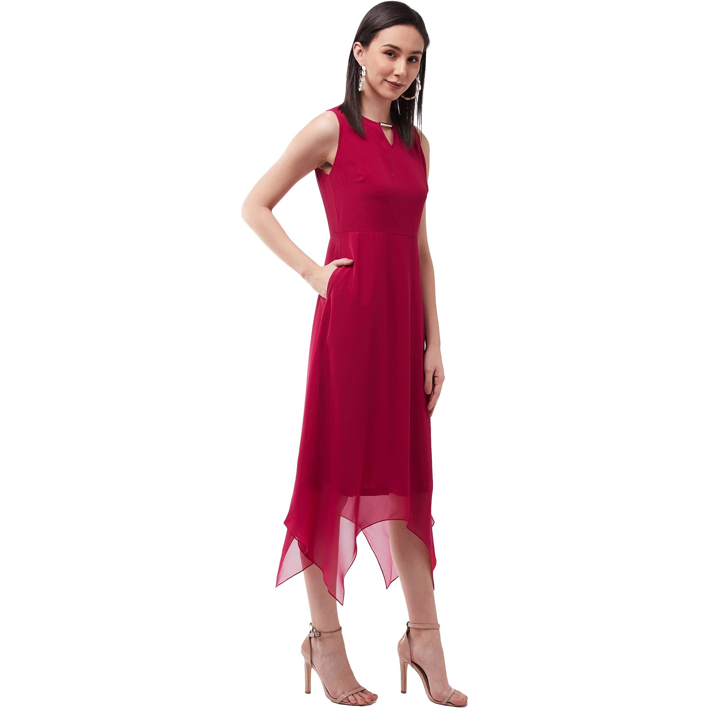Miss Chase Women's Pink Solid Georgette Regular Fit Round Neck Sleeveless Crop Length Dress (Mcss21D14-66-23-02_Pink_Xs)