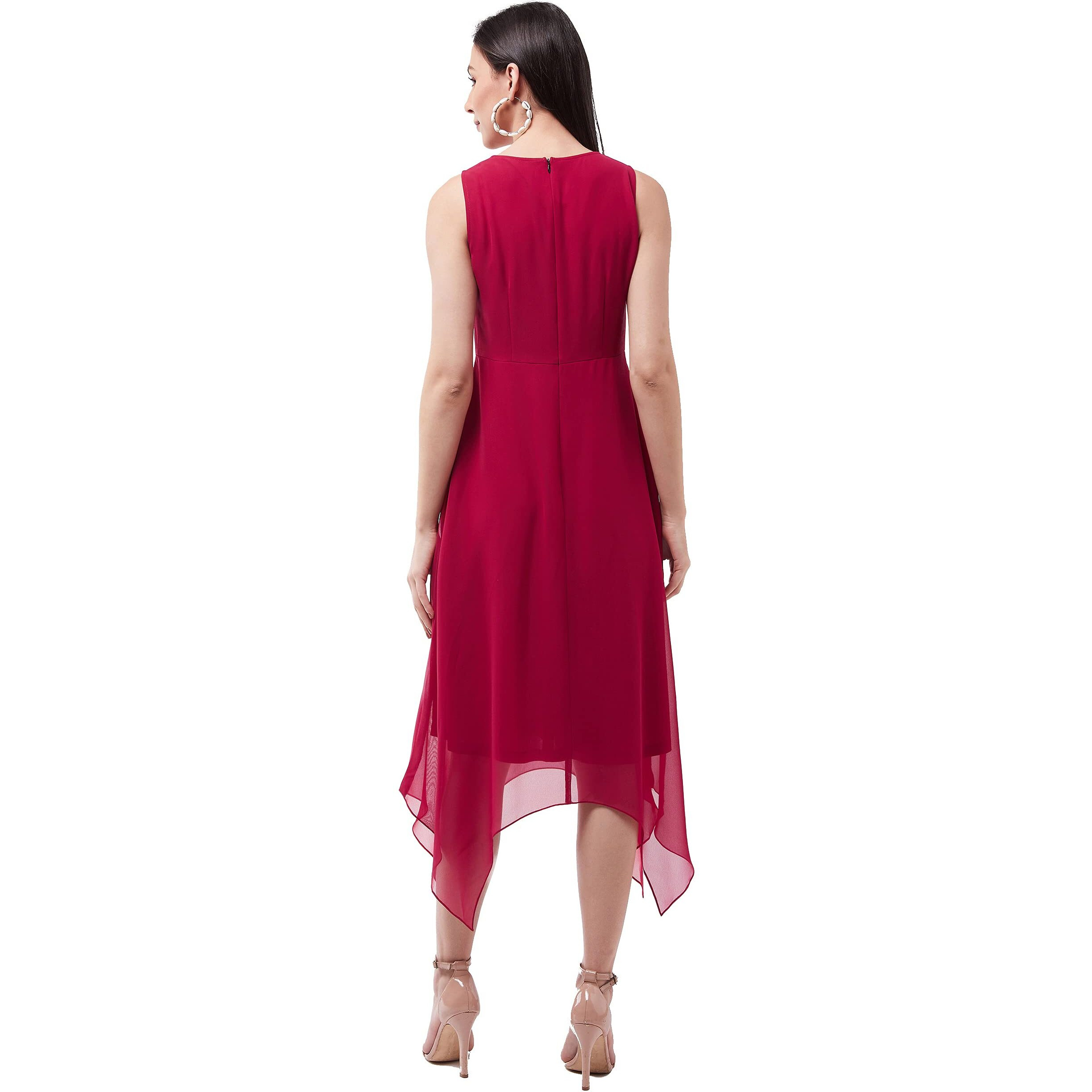 Miss Chase Women's Pink Solid Georgette Regular Fit Round Neck Sleeveless Crop Length Dress (Mcss21D14-66-23-02_Pink_Xs)
