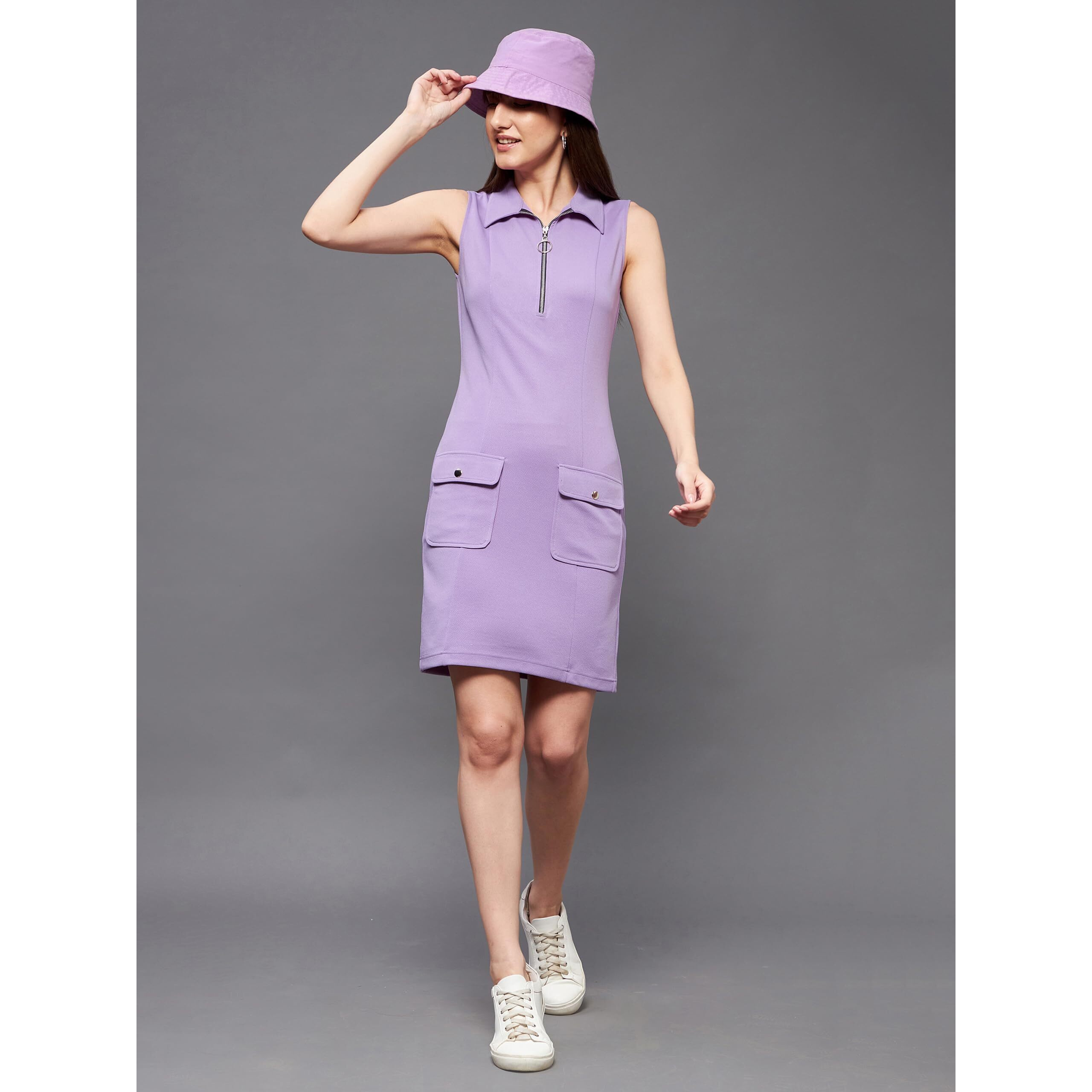 Miss Chase Women's Light Lavender Collared Sleeveless Polyester Solid Bodycon Knee-Long Dress (Mcaw19D14-23-263-02, Light Lavender, Xs)