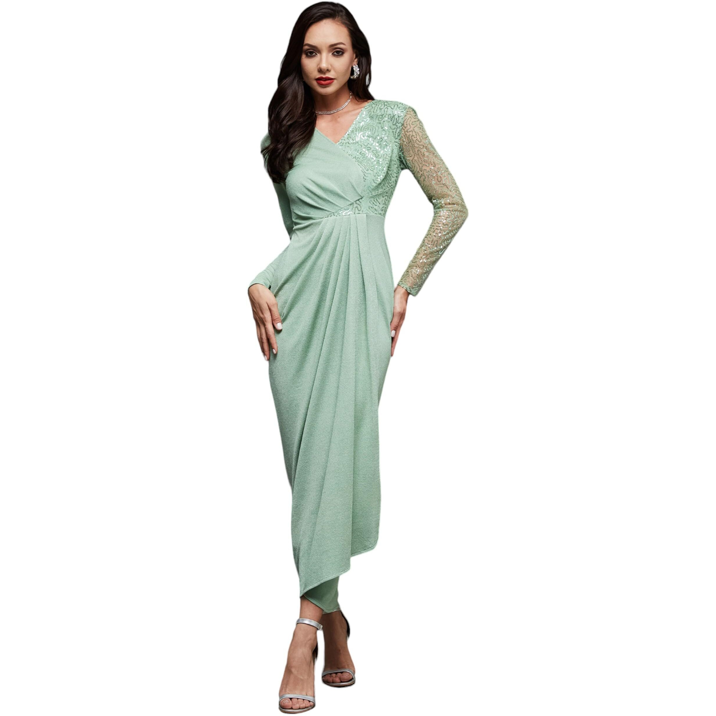 Miss Chase Women's Embellished V-Neck Full Sleeve Pleated Slim Fit Maxi Dress (Mcss24D97-53-79-03, Mint, S)