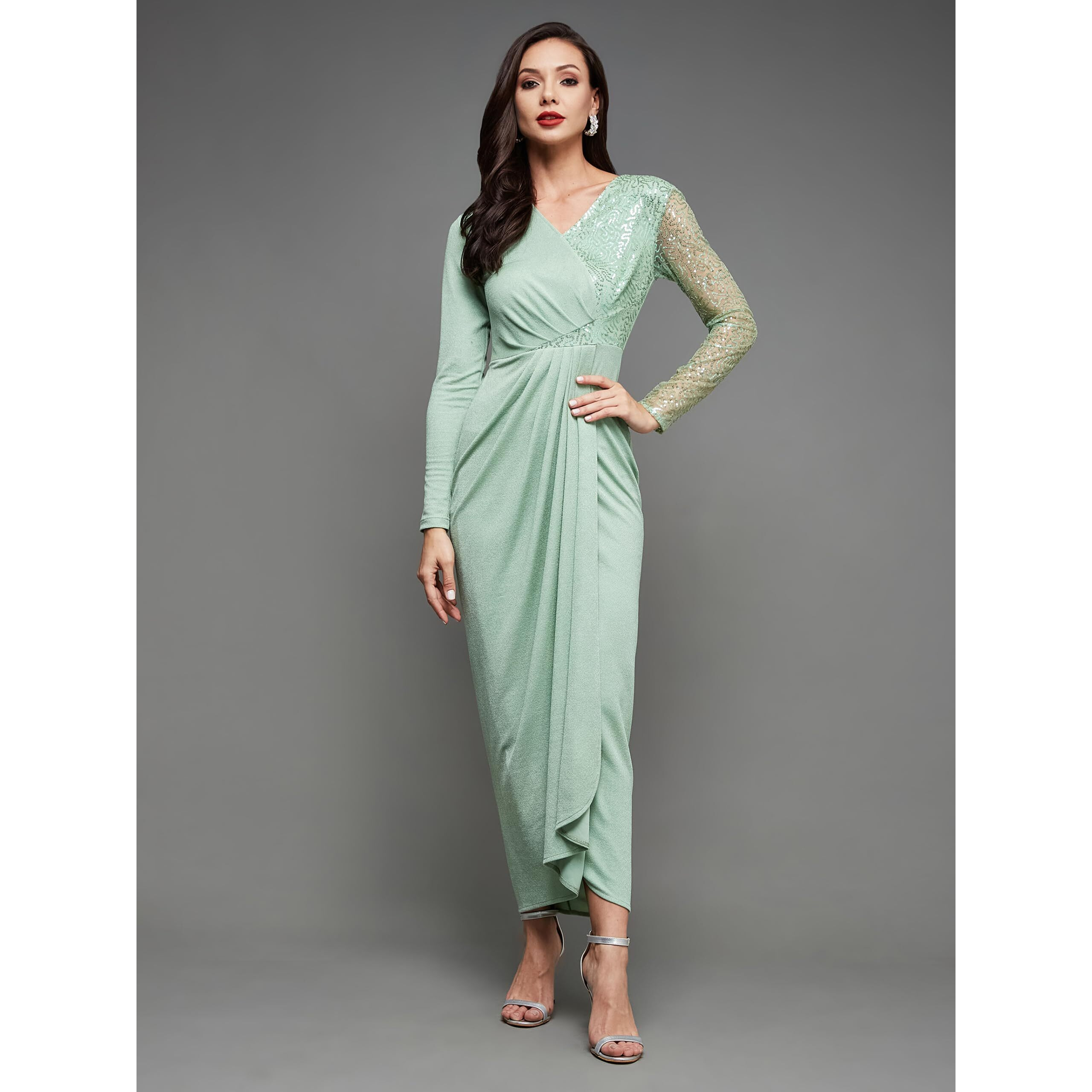 Miss Chase Women's Embellished V-Neck Full Sleeve Pleated Slim Fit Maxi Dress (Mcss24D97-53-79-03, Mint, S)