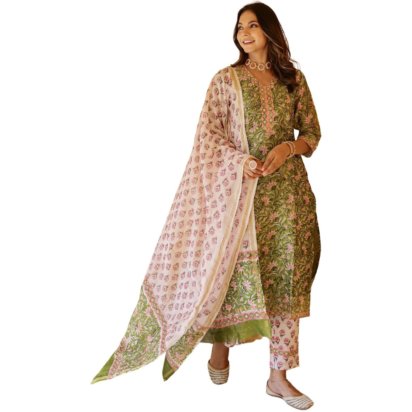 Nainvish Women's Viscose Rayon Printed Straight V-Neck Kurta Pant With Dupatta (Sd700_Kbd-M_Green)