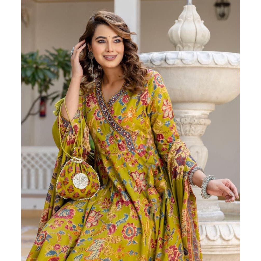 Nermosa Women Printed Anarkali Kurta And Pant Set With Dupatta (In, Alpha, M, Yellow)