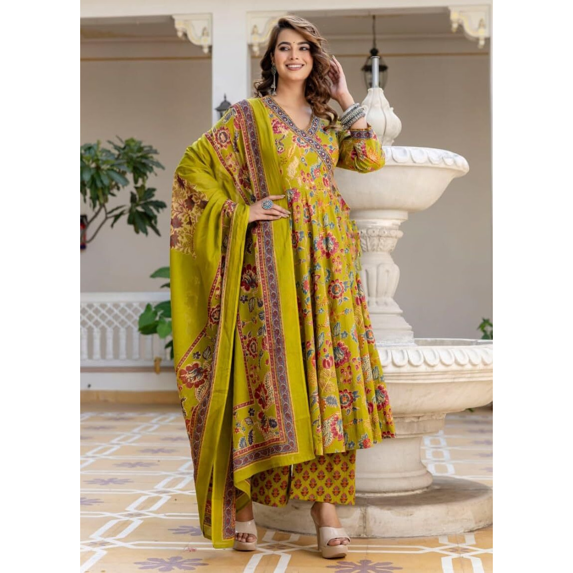 Nermosa Women Printed Anarkali Kurta And Pant Set With Dupatta (In, Alpha, M, Yellow)