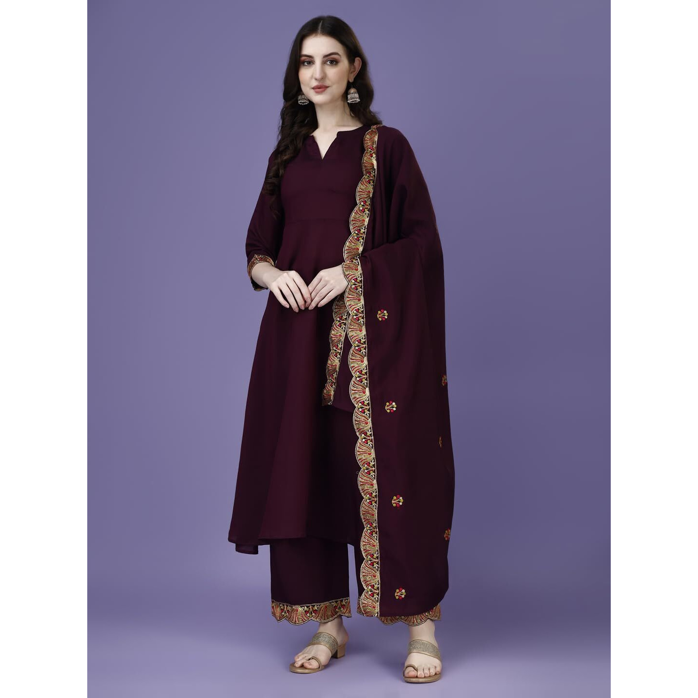 Pratham Blue Women's Silk Embroidered Anarkali Kurta With Palazzos And Dupatta (Pb-6155-S_Purple)