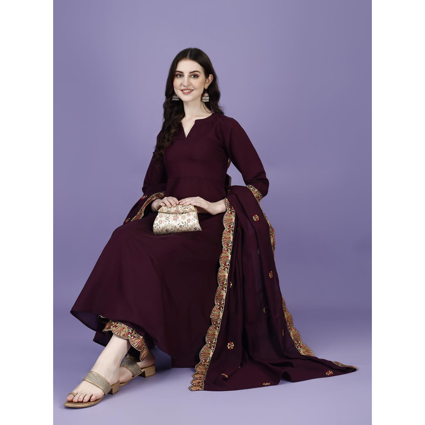 Pratham Blue Women's Silk Embroidered Anarkali Kurta With Palazzos And Dupatta (Pb-6155-S_Purple)
