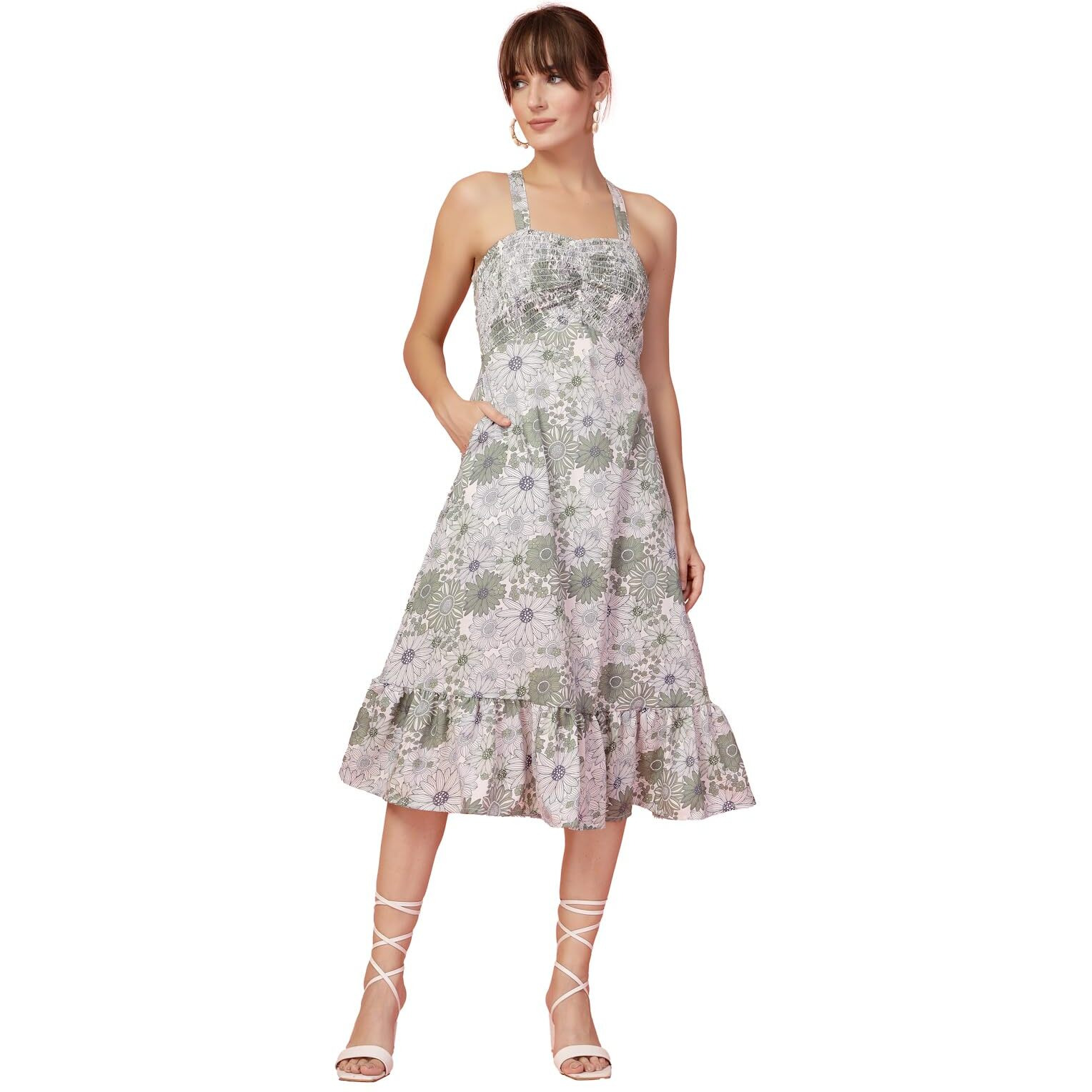 Oomph Women's Western & Fusion Wear Printed Crepe Dress For Women, Smocked Bodice, Green - Md1057