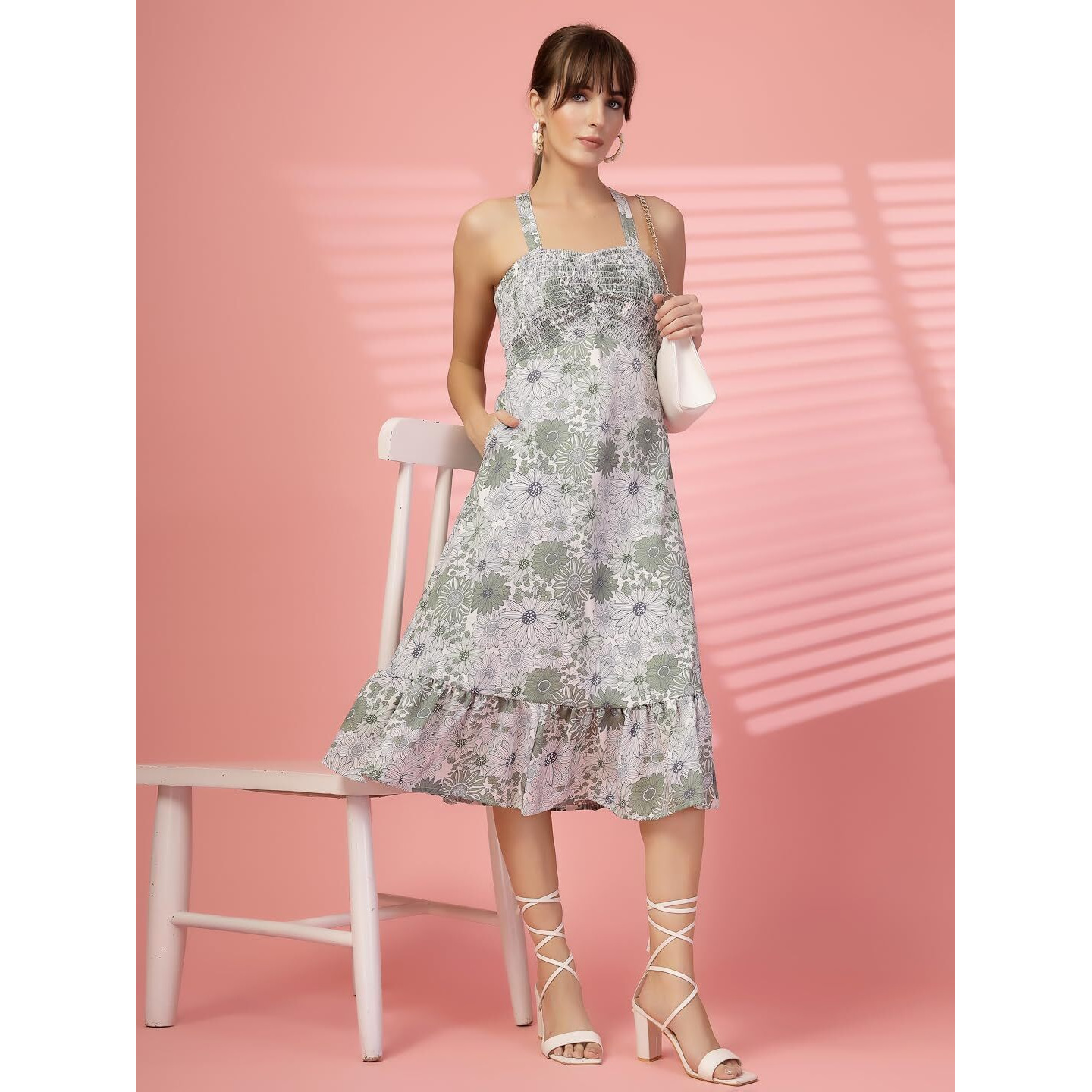 Oomph Women's Western & Fusion Wear Printed Crepe Dress For Women, Smocked Bodice, Green - Md1057