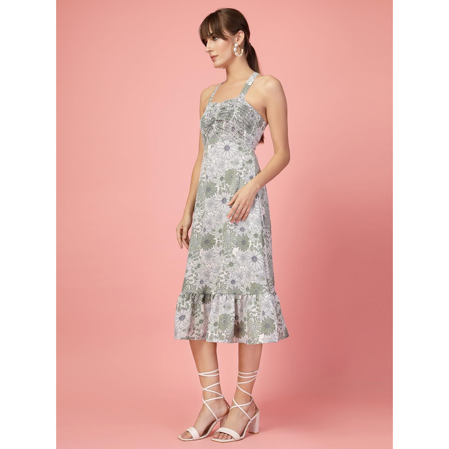 Oomph Women's Western & Fusion Wear Printed Crepe Dress For Women, Smocked Bodice, Green - Md1057