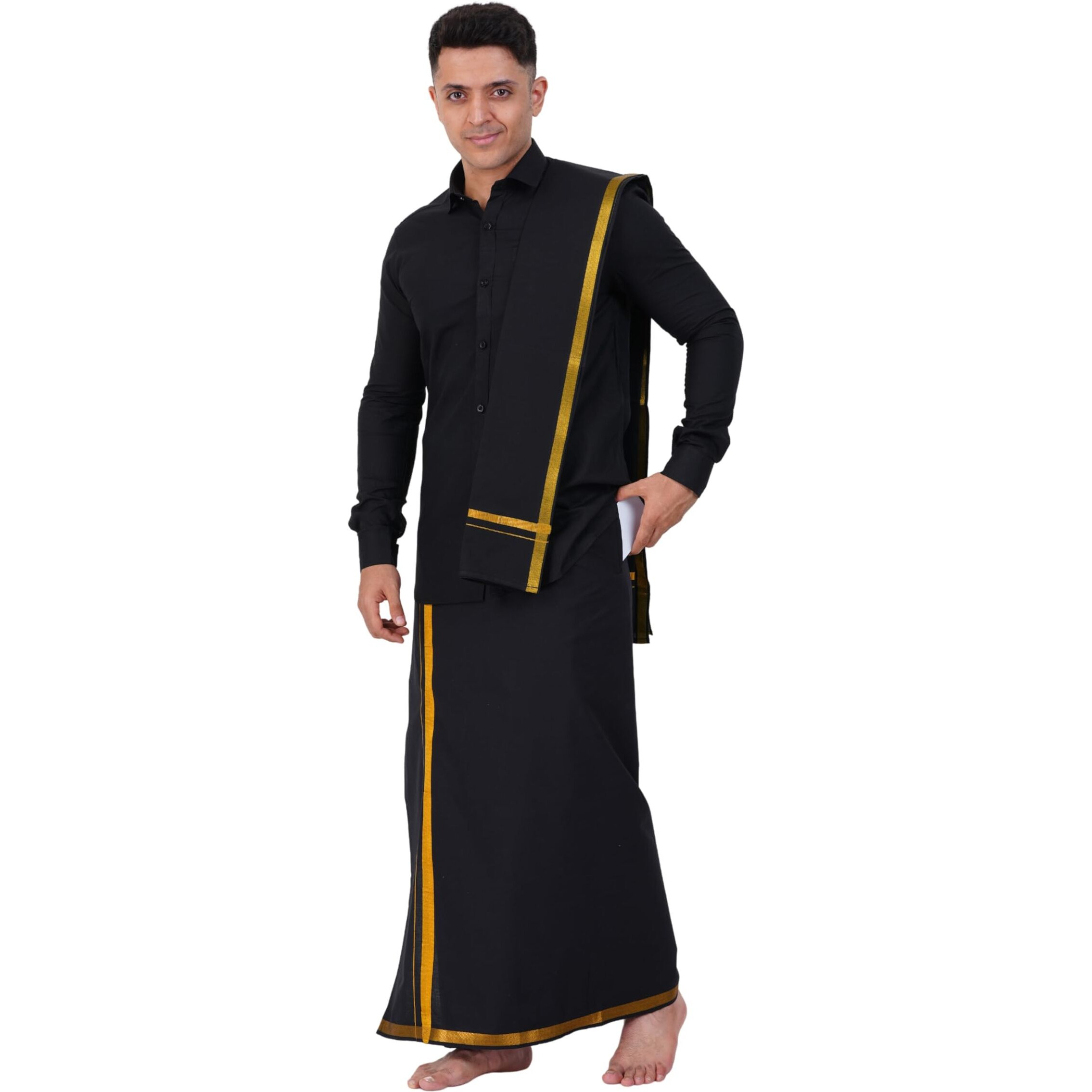 Prakasam Cotton Mens Flexi Readymade Black Jari Border Dhoti + Full Sleeve Black Shirt + Matching Black Jari Border Towel
