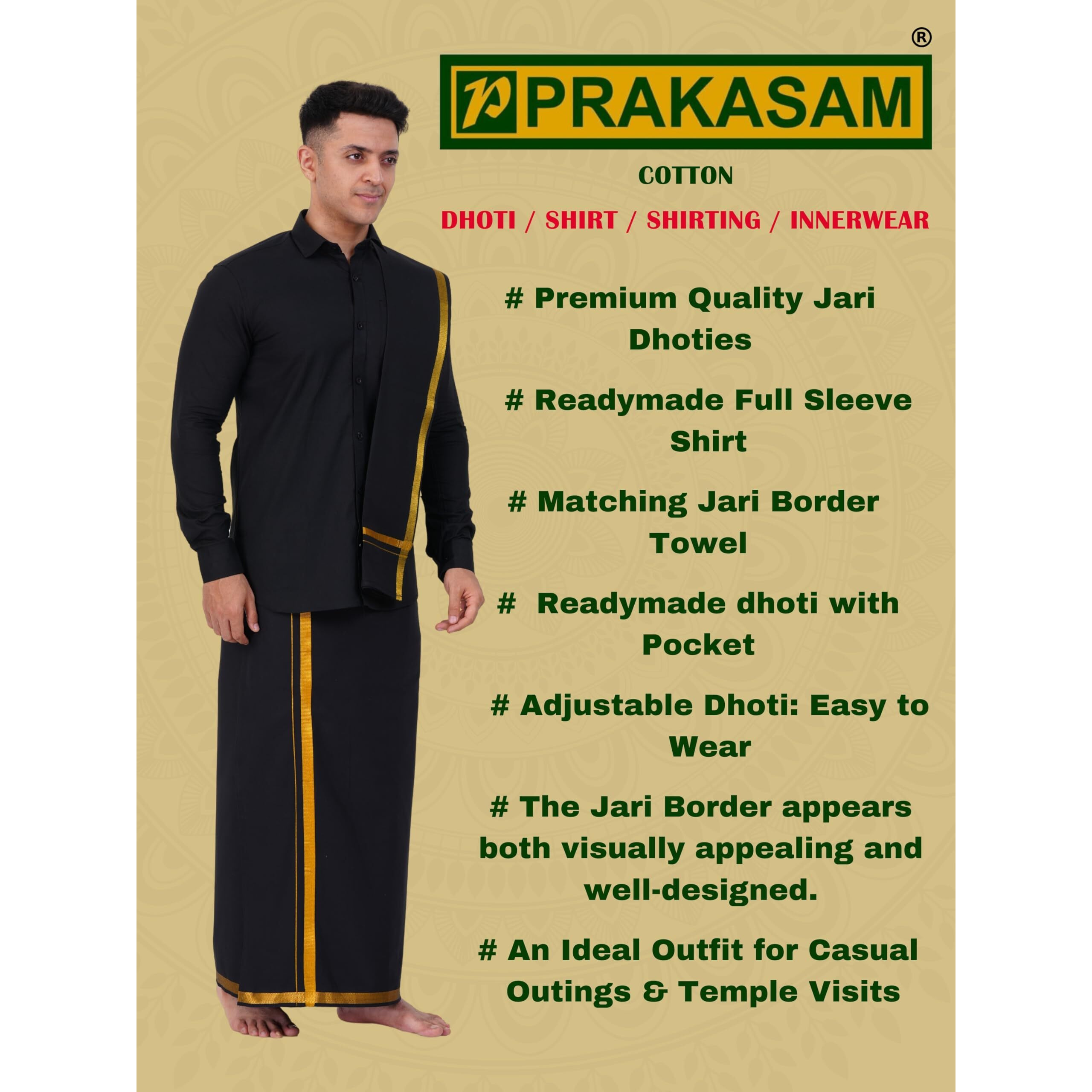 Prakasam Cotton Mens Flexi Readymade Black Jari Border Dhoti + Full Sleeve Black Shirt + Matching Black Jari Border Towel