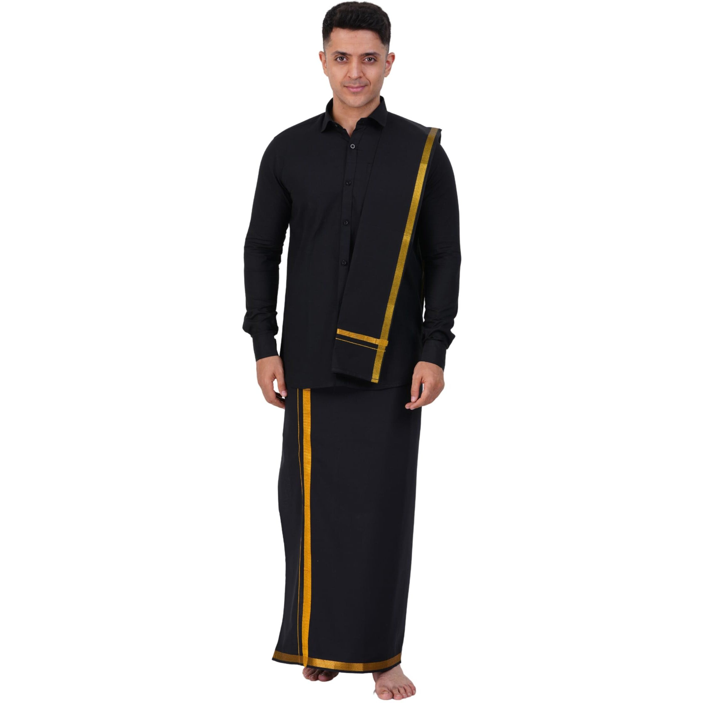 Prakasam Cotton Mens Flexi Readymade Black Jari Border Dhoti + Full Sleeve Black Shirt + Matching Black Jari Border Towel