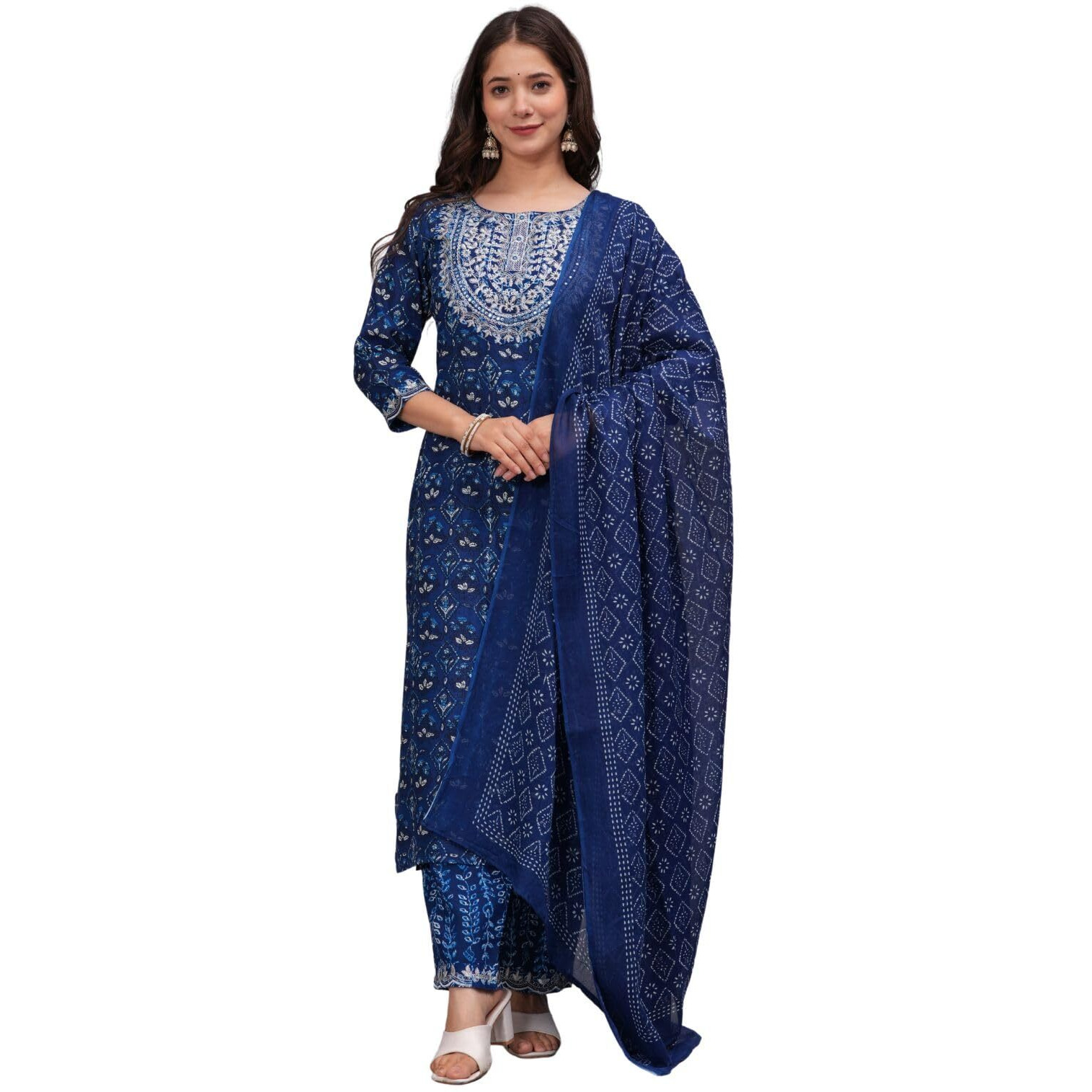 Rytras Women's Embroidered Straight Kurta Set With Palazzo Pants & Dupatta- Ethnic Wear, Blue(Ryt607-New,L)