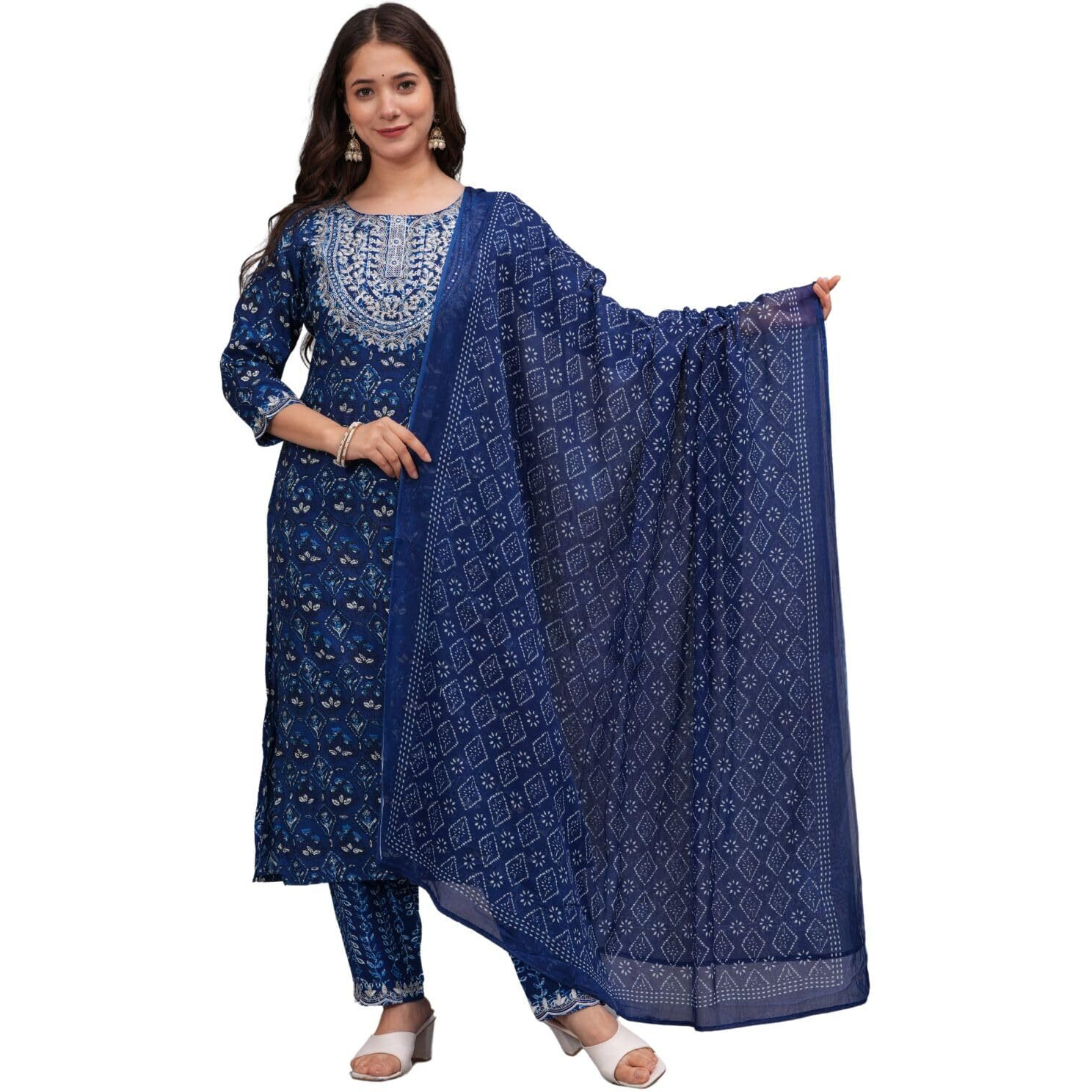 Rytras Women's Embroidered Straight Kurta Set With Palazzo Pants & Dupatta- Ethnic Wear, Blue(Ryt607-New,L)