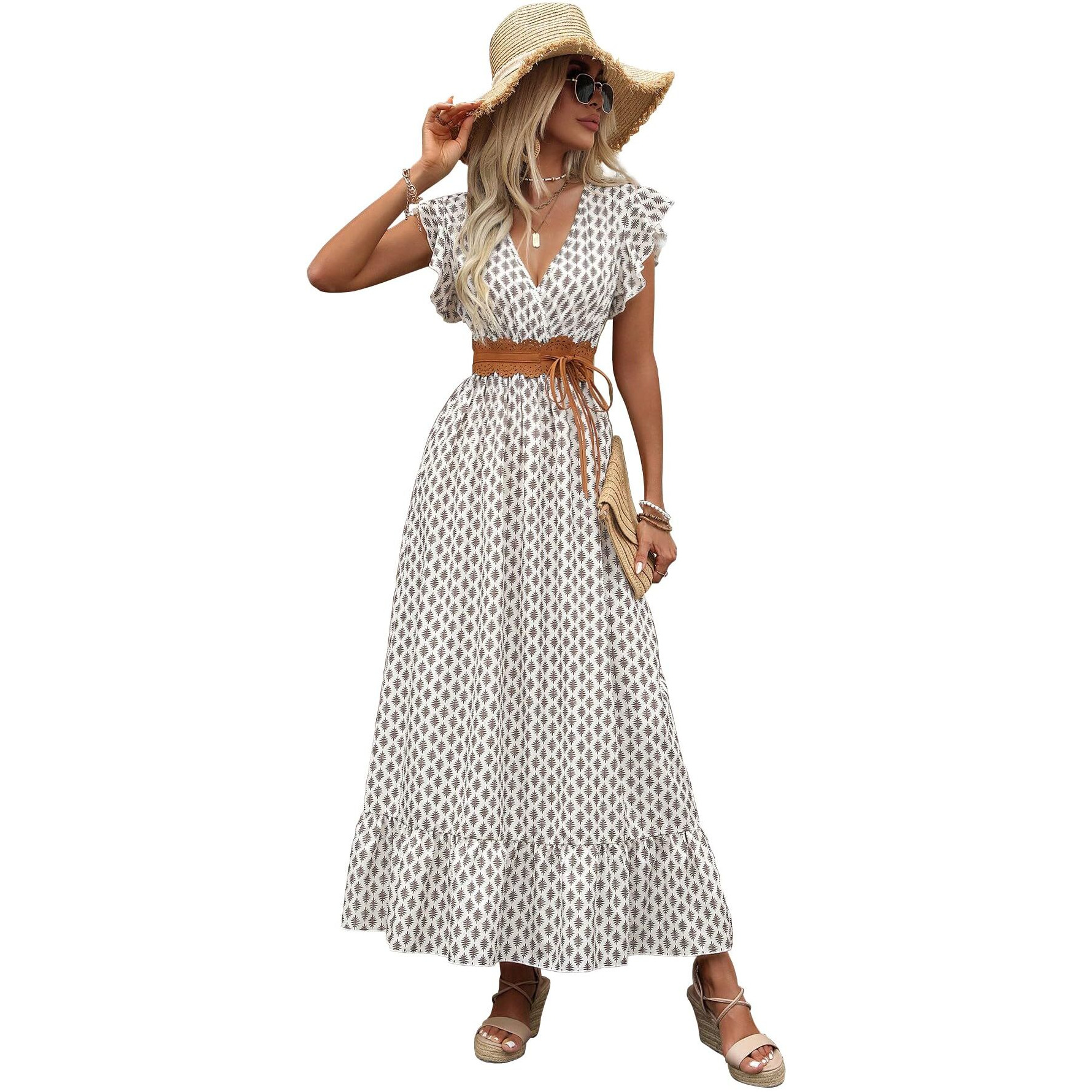 Shasmi Women's & Girl's White Coffee V-Neck Printed Dress With Ruffled Hem And Belted Waist For Vacation, One Piece Maxi For Women's Casual Dresses (140 Dress White Coffee-L)