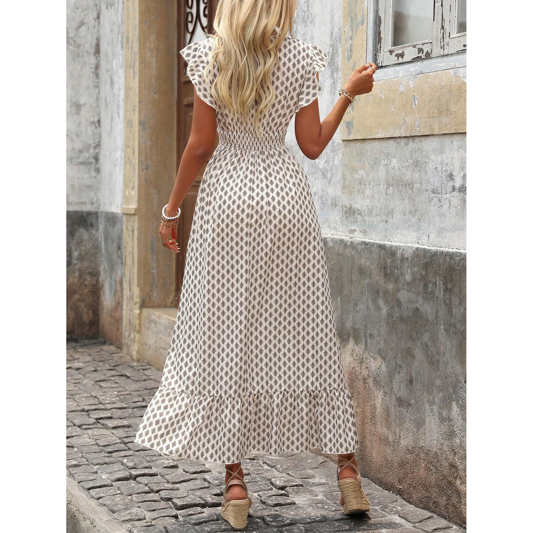 Shasmi Women's & Girl's White Coffee V-Neck Printed Dress With Ruffled Hem And Belted Waist For Vacation, One Piece Maxi For Women's Casual Dresses (140 Dress White Coffee-L)