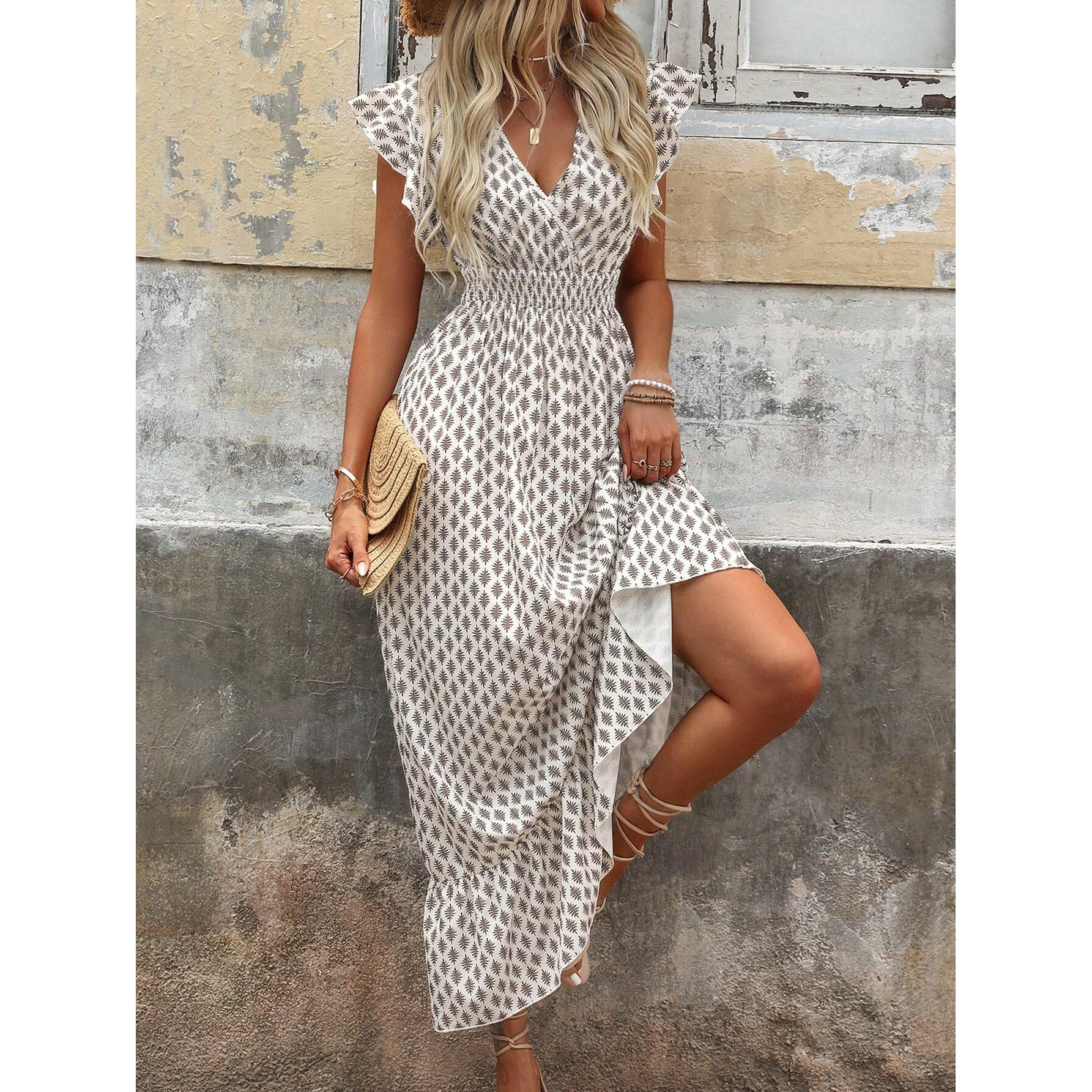 Shasmi Women's & Girl's White Coffee V-Neck Printed Dress With Ruffled Hem And Belted Waist For Vacation, One Piece Maxi For Women's Casual Dresses (140 Dress White Coffee-L)