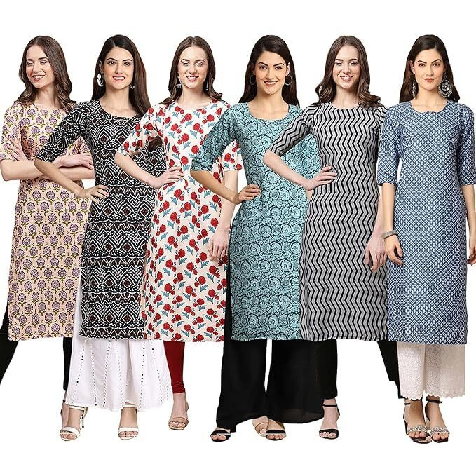 Pinkmint Women's Crepe Digital Print Straight Kurta [Pack Of 6] (Bd-332-373-342-378-336-367-S)