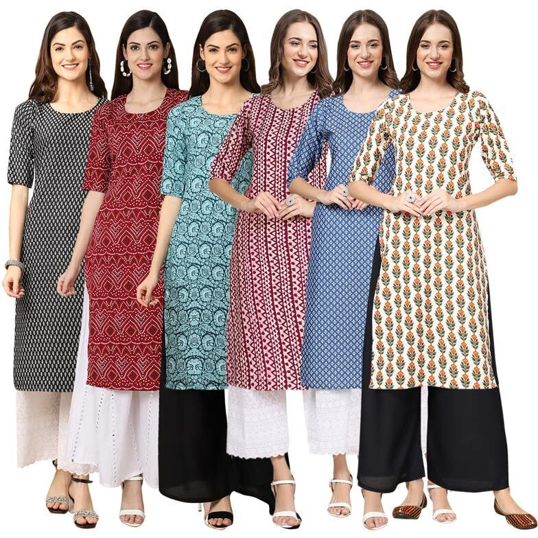 Pinkmint Women's Crepe Digital Print Straight Kurta [Pack Of 6](Mv-377-374-378-347-367-352-L)
