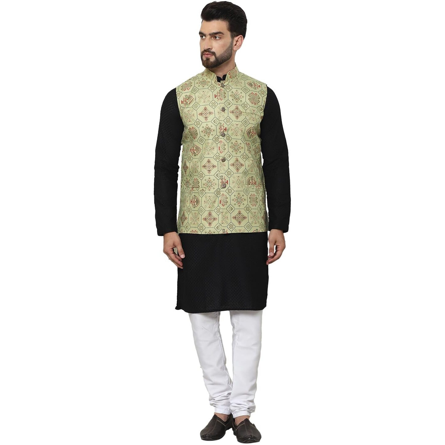 Sojanya (Since 1958 Men's Pure Cotton Black Kurta And White Pyjama With Printed Pista Green Nehru Jacket
