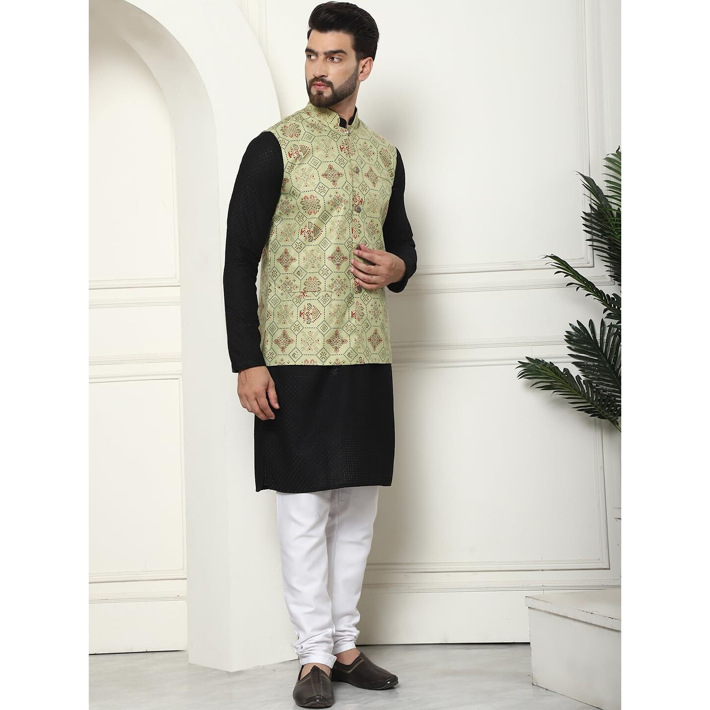 Sojanya (Since 1958 Men's Pure Cotton Black Kurta And White Pyjama With Printed Pista Green Nehru Jacket
