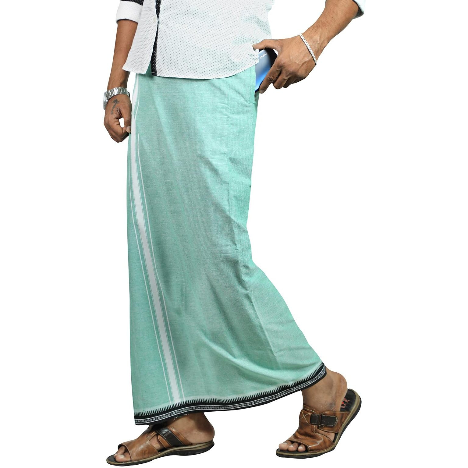 Prakasam Cotton Mens Cotton Kerala Thalapathi Border Welcro Pocket Dhoti (Size -S Size Dhoti) / Green Colour Thalapathi Adjustable Pocket Dhoties For Mens