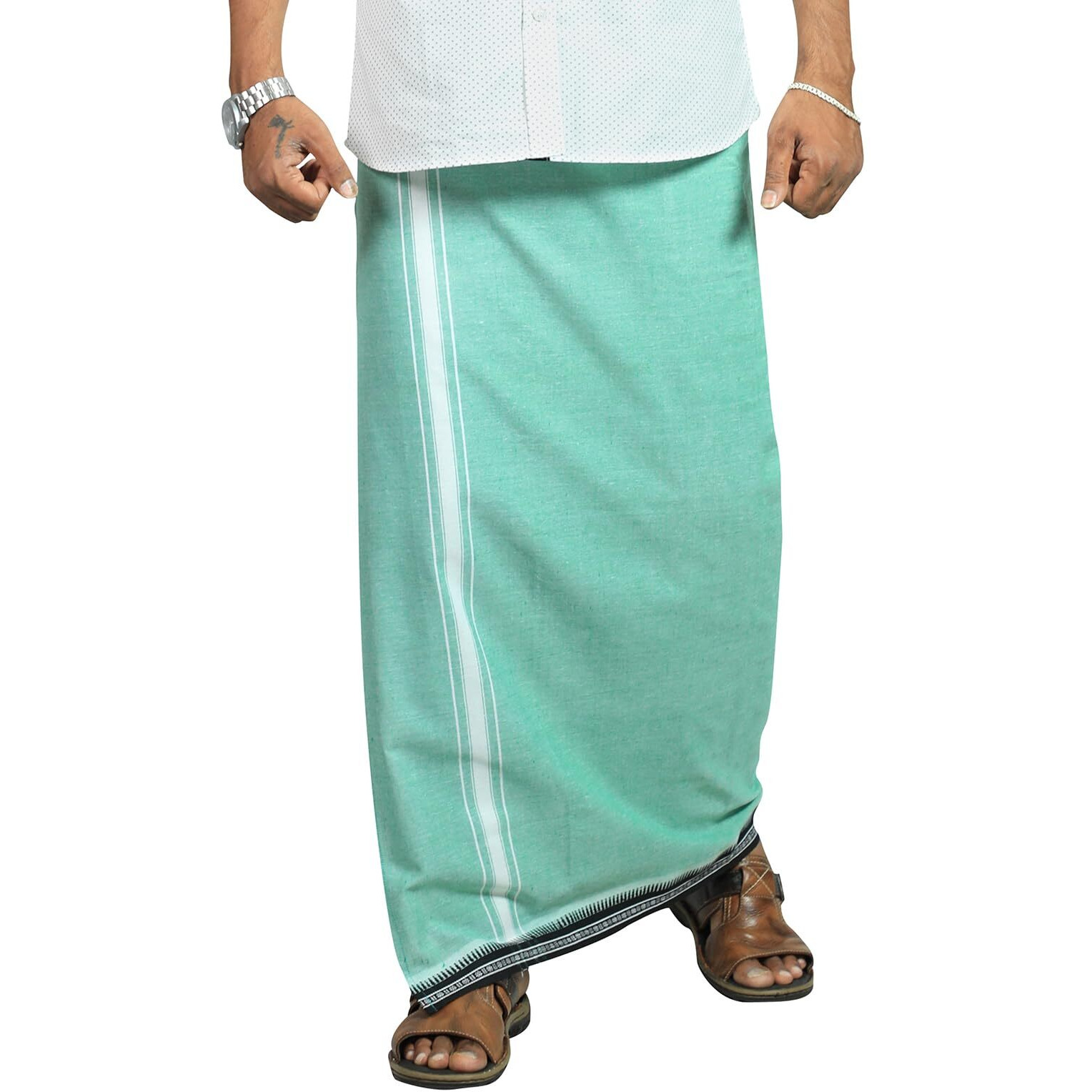 Prakasam Cotton Mens Cotton Kerala Thalapathi Border Welcro Pocket Dhoti (Size -S Size Dhoti) / Green Colour Thalapathi Adjustable Pocket Dhoties For Mens