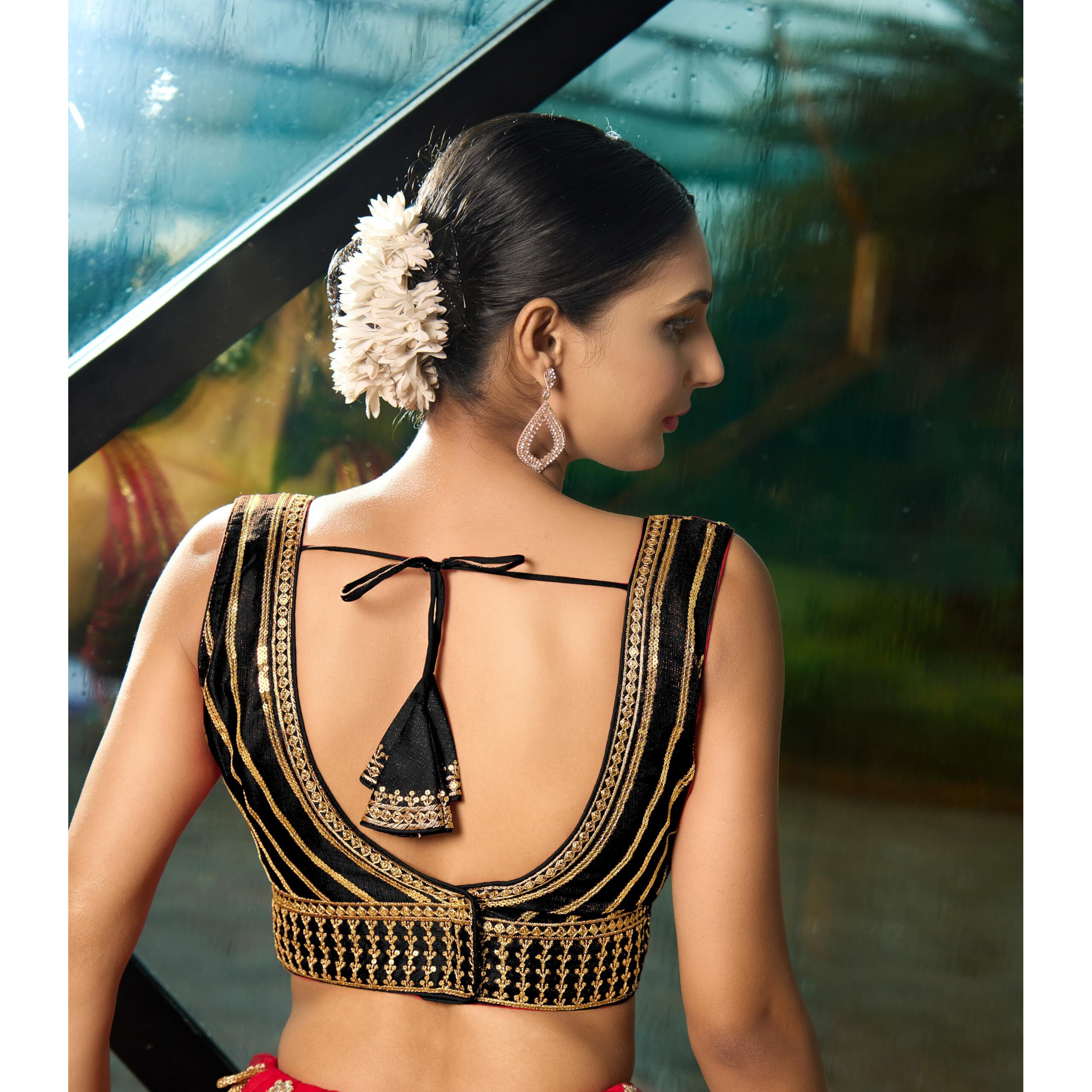Pujia Mills Women's Readymade Blouse Embroidery Multi Coding Gold Thread Indian Ethnic Designer Stitched Readymade Saree Sleeveless Black Blouse For Women For Saree Lehenga Choli