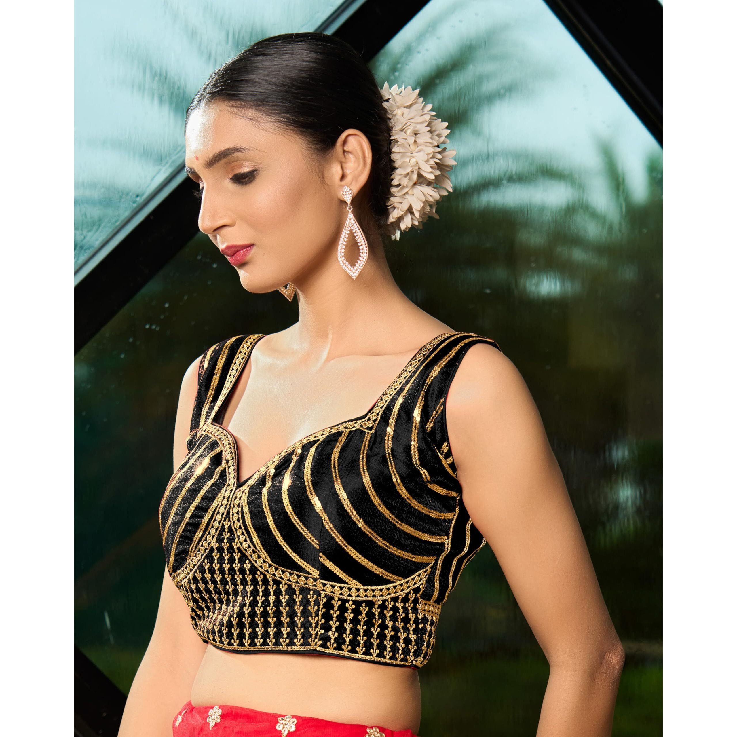 Pujia Mills Women's Readymade Blouse Embroidery Multi Coding Gold Thread Indian Ethnic Designer Stitched Readymade Saree Sleeveless Black Blouse For Women For Saree Lehenga Choli