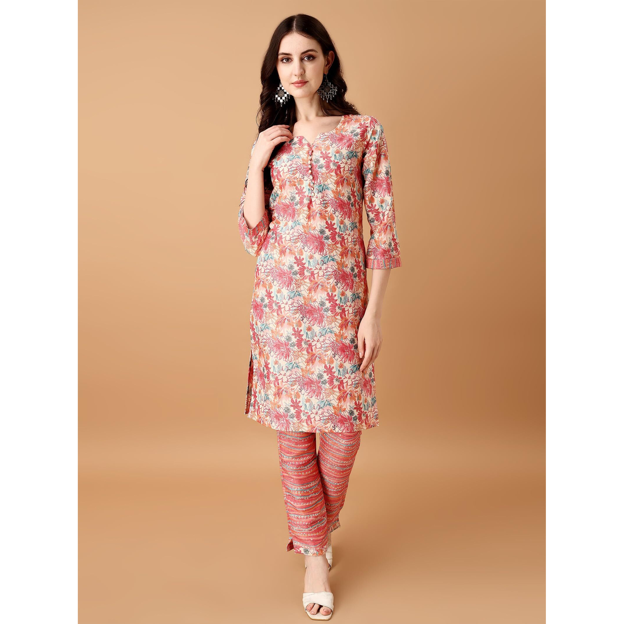 Pratham Blue Kurta Set For Women Cotton Blend Straight Printed Kurta Set For Women With Pant (Pb-6197-Xxl_Beige And Pink)