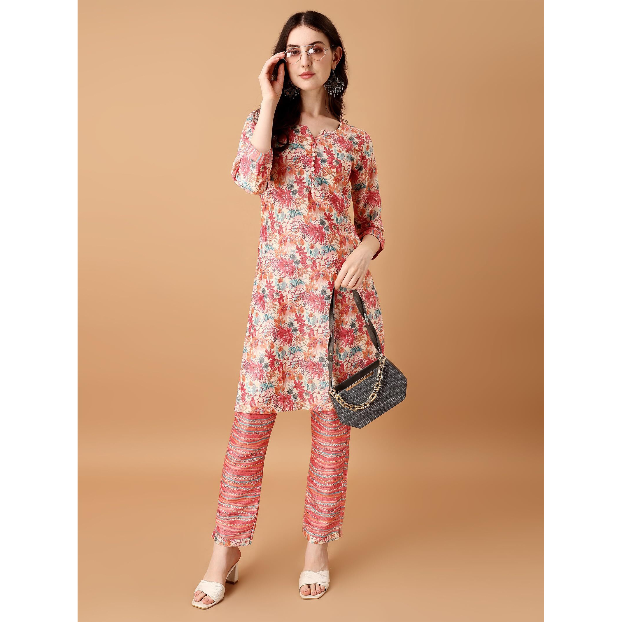 Pratham Blue Kurta Set For Women Cotton Blend Straight Printed Kurta Set For Women With Pant (Pb-6197-Xxl_Beige And Pink)