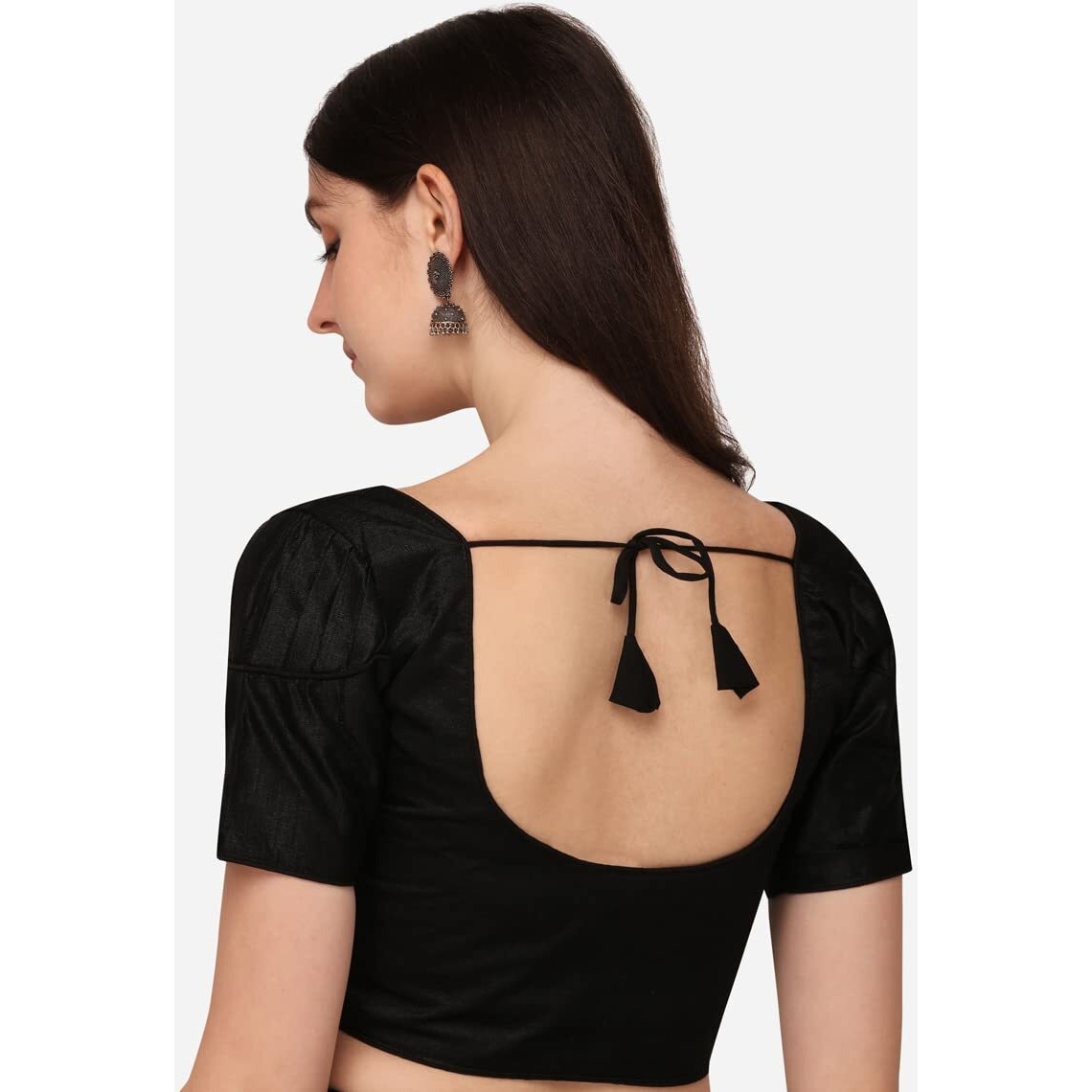 Pujia Mills Women's Silk Puff Sleeve Readymade Saree Blouse (Puffy_Black_38)