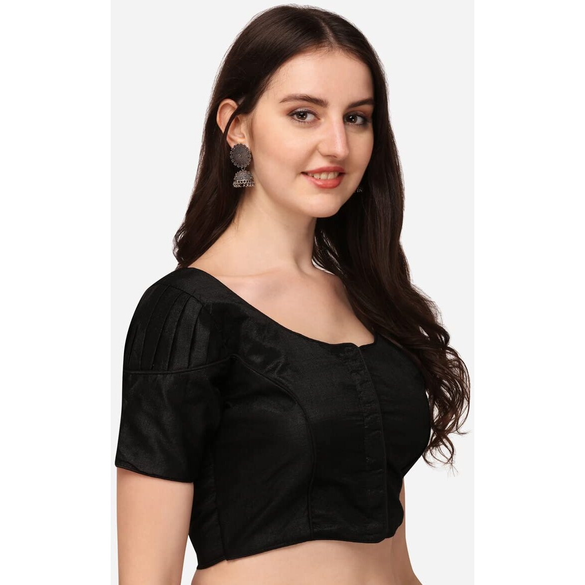 Pujia Mills Women's Silk Puff Sleeve Readymade Saree Blouse (Puffy_Black_38)