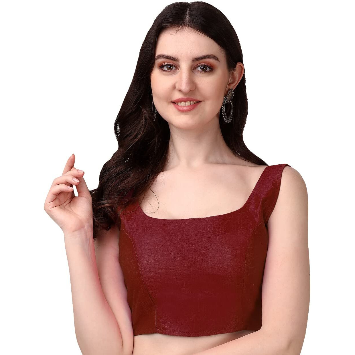 Vihu Fashion Women's Deep Neck Silk Sleeveless Readymade Blouse (Maroon, 42)