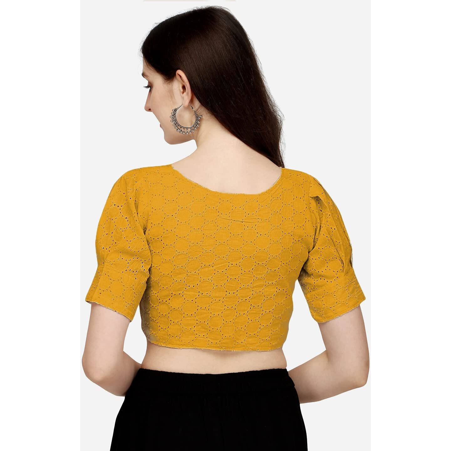 Pujia Mills Women's Cotton Chikankari Embroidery Work Readymade Saree Blouse Readymade Puff Sleeve For Women V Neck Fancy Blouses For Women For Lehenga Choli (Hakoba Yellow 42)