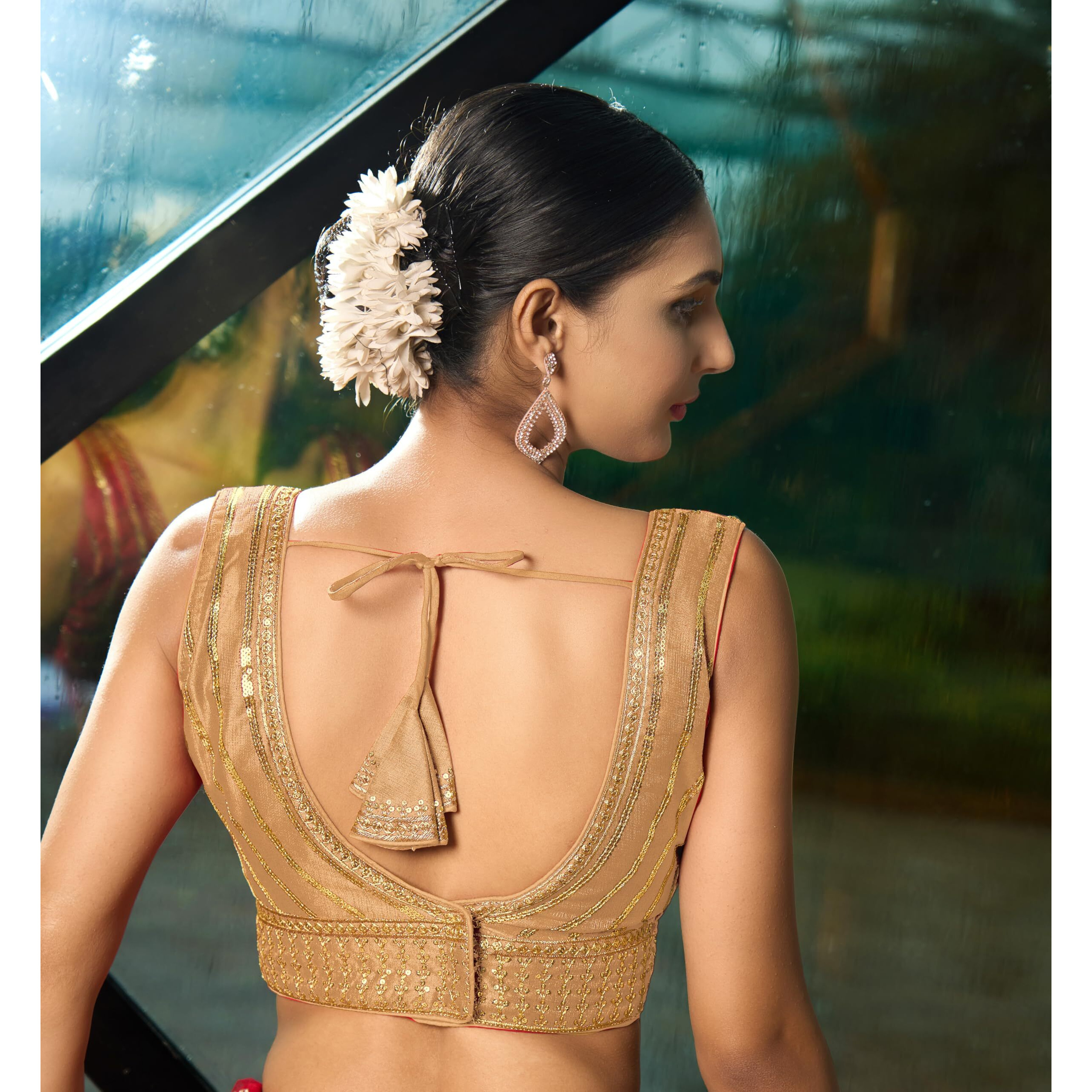 Pujia Mills Women's Readymade Blouse Embroidery Multi Coding Gold Thread Indian Ethnic Designer Stitched Readymade Saree Sleeveless Gold Blouse For Women For Saree Lehenga Choli