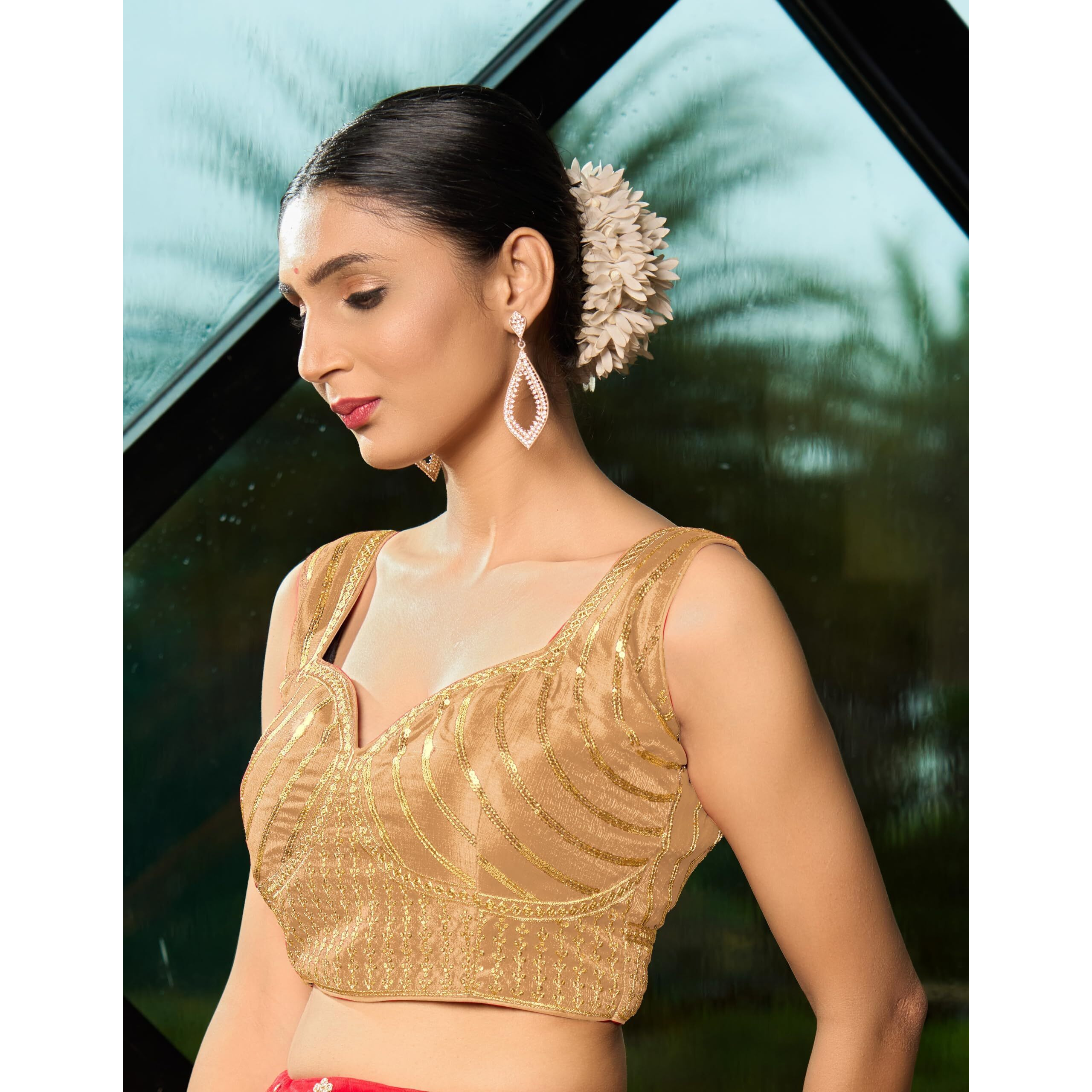 Pujia Mills Women's Readymade Blouse Embroidery Multi Coding Gold Thread Indian Ethnic Designer Stitched Readymade Saree Sleeveless Gold Blouse For Women For Saree Lehenga Choli
