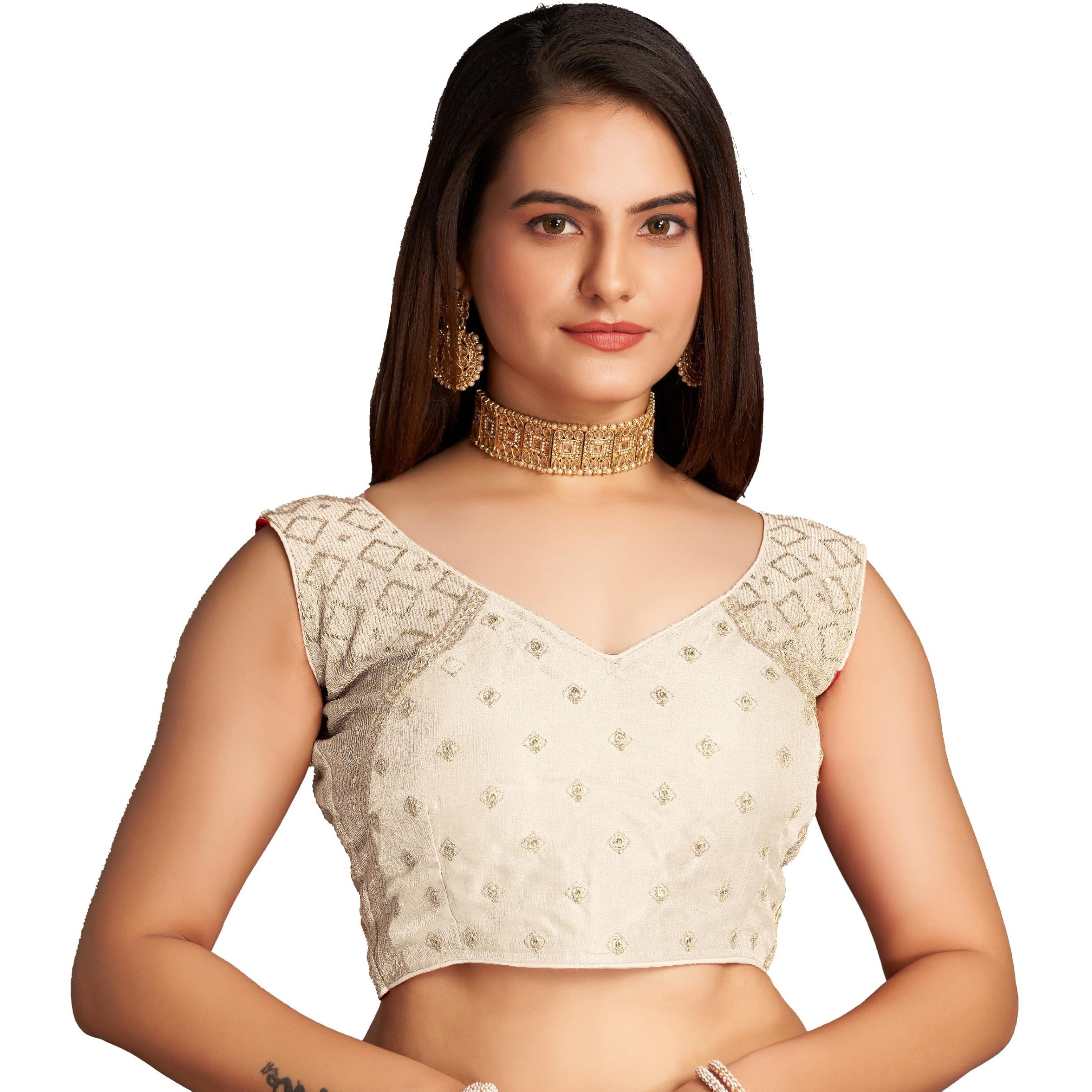 Pujia Mills Women's Sequin Embroidered V Neck Sleeveless White Readymade Saree Blouse Indian Ethnic Stitched Padded Blouses For Women