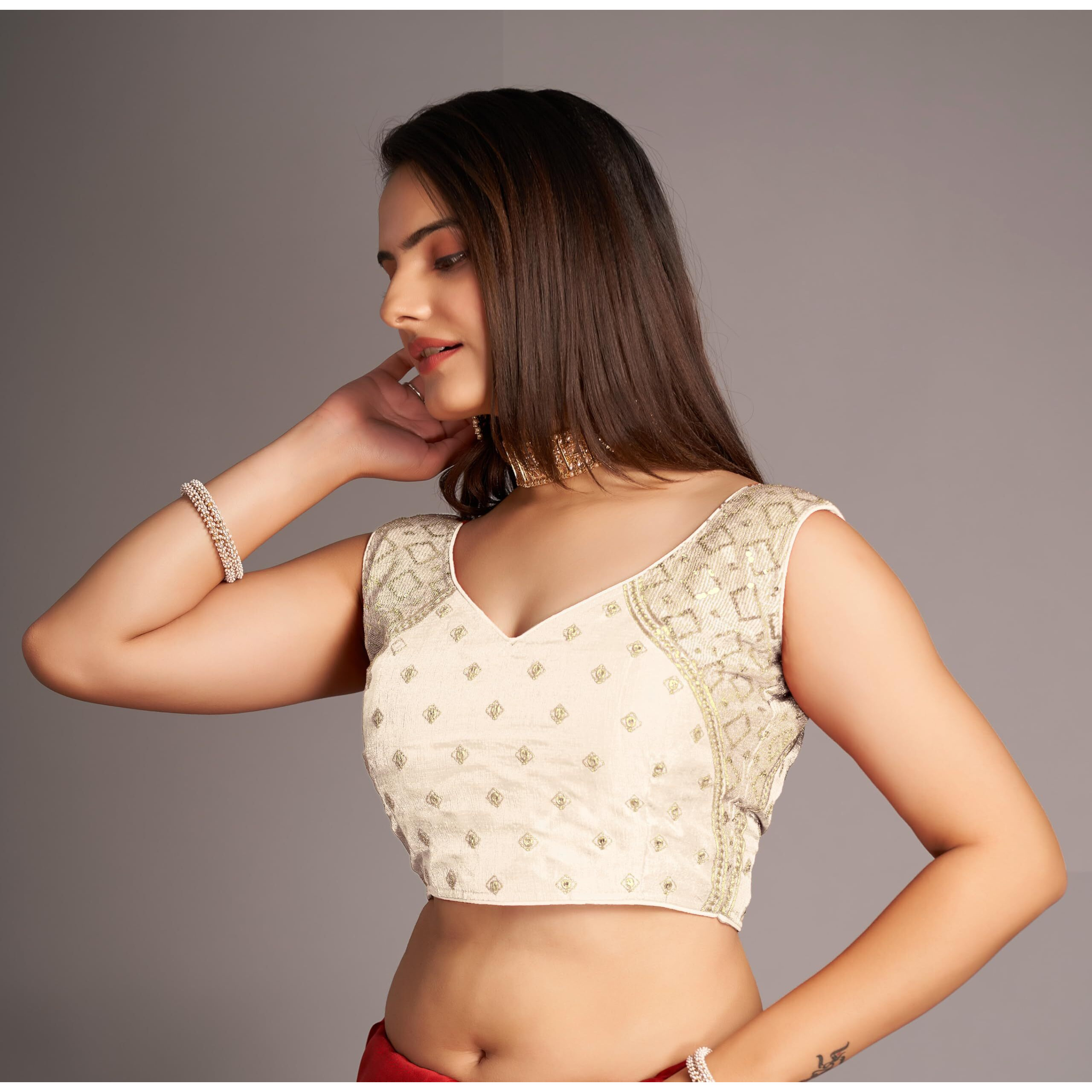 Pujia Mills Women's Sequin Embroidered V Neck Sleeveless White Readymade Saree Blouse Indian Ethnic Stitched Padded Blouses For Women