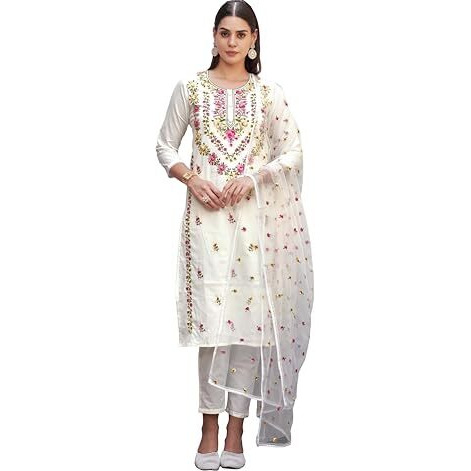 Womanista Women's Pure Cotton Kurta With Trouser & Dupatta (Kurtaset_1413_White_M)