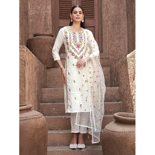 Womanista Women's Pure Cotton Kurta With Trouser & Dupatta (Kurtaset_1413_White_M)